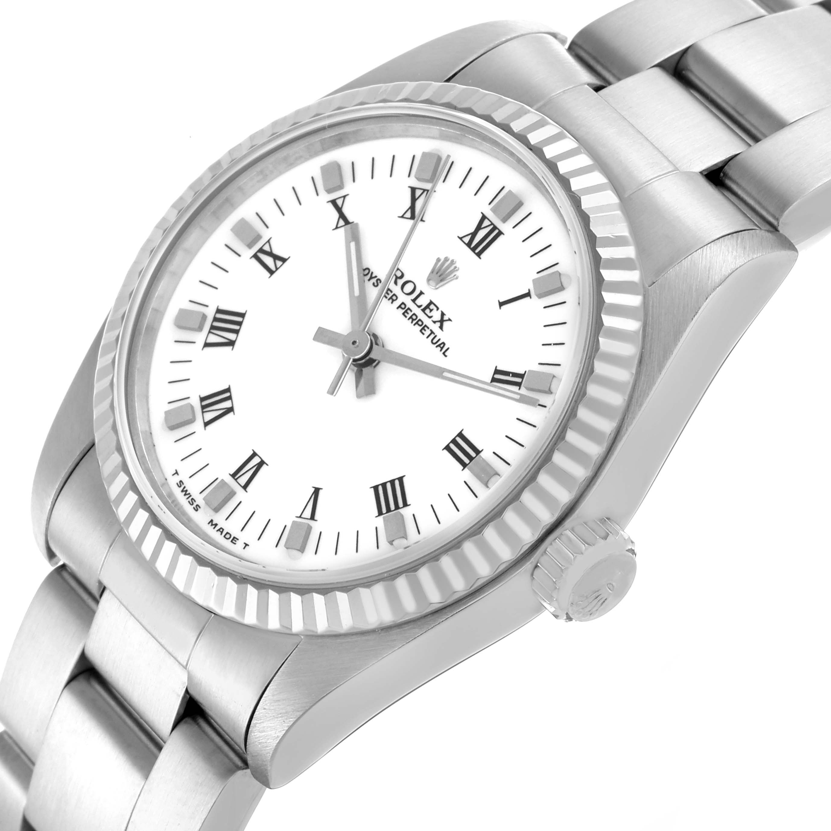 The Rolex Mid-Size 67514 Women's Stainless Steel White Dial 67514 Women's Stainless Steel White Dial watch is shown at an angled view, displaying its face, bezel, bracelet links, and crown.
