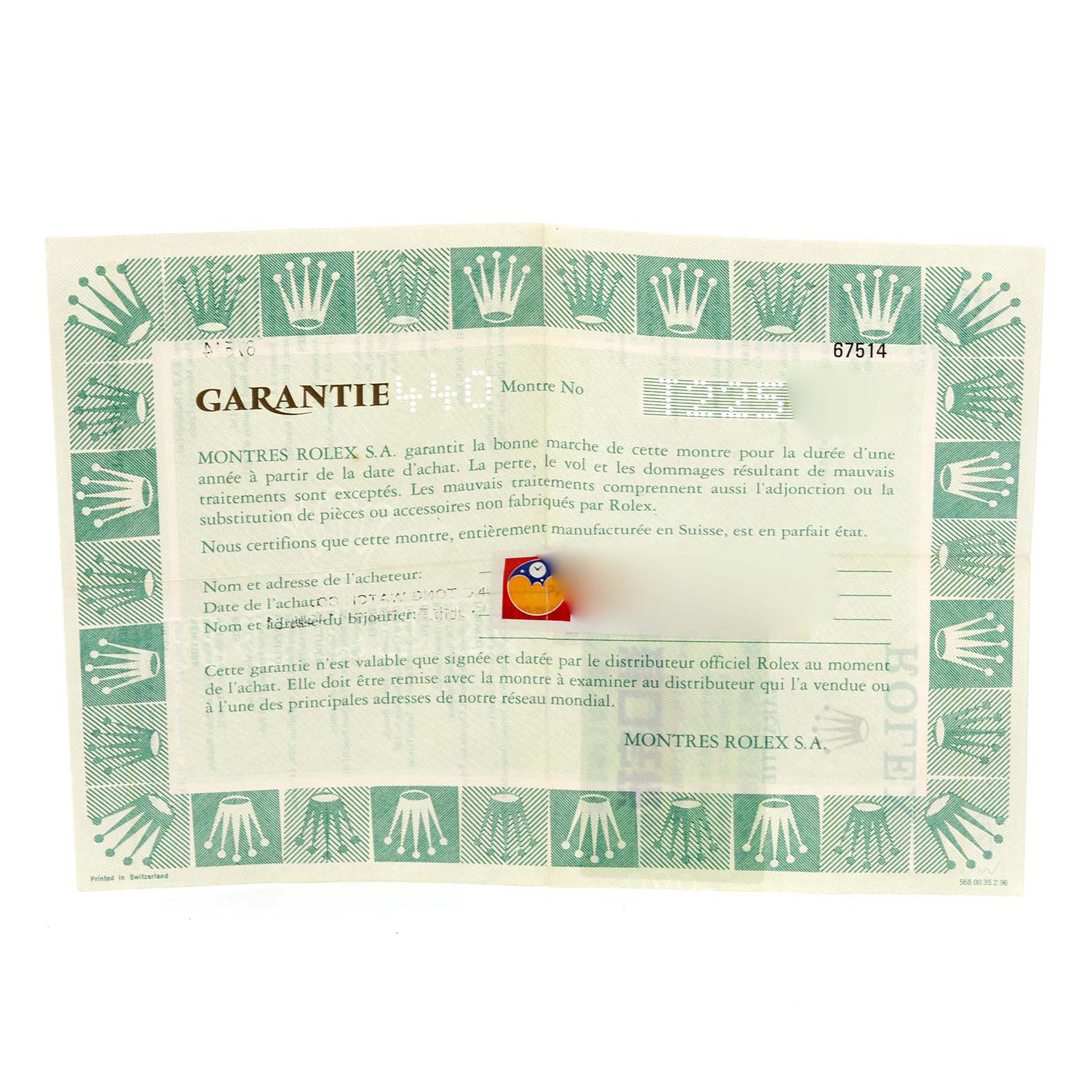 The image shows a warranty document for a Rolex Mid-Size 67514 Women's Stainless Steel White Dial 67514 Women's Stainless Steel White Dial watch, featuring the brand's logo and details.