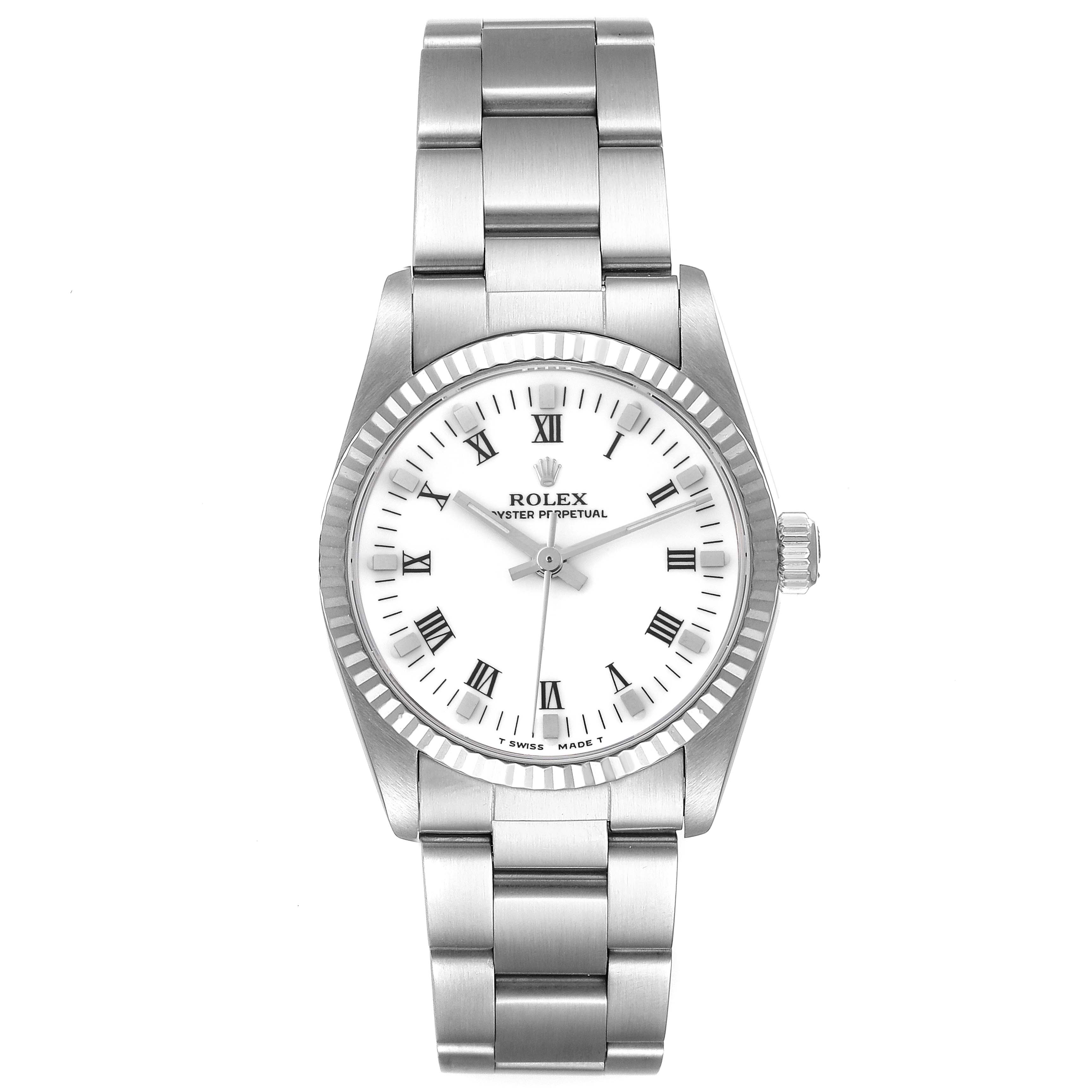 The Rolex Mid-Size 67514 Women's Stainless Steel White Dial 67514 Women's Stainless Steel White Dial watch is shown front-facing, displaying the dial, bezel, crown, and bracelet.