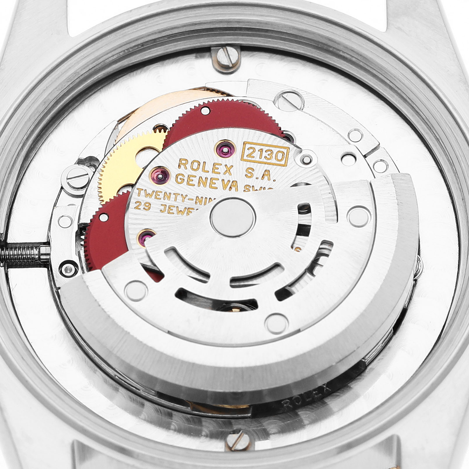 The image shows the movement mechanism of a Rolex Oyster Perpetual 67483 Women's Steel and Gold (two tone) Blue Dial watch viewed from the back, highlighting gears and components.
