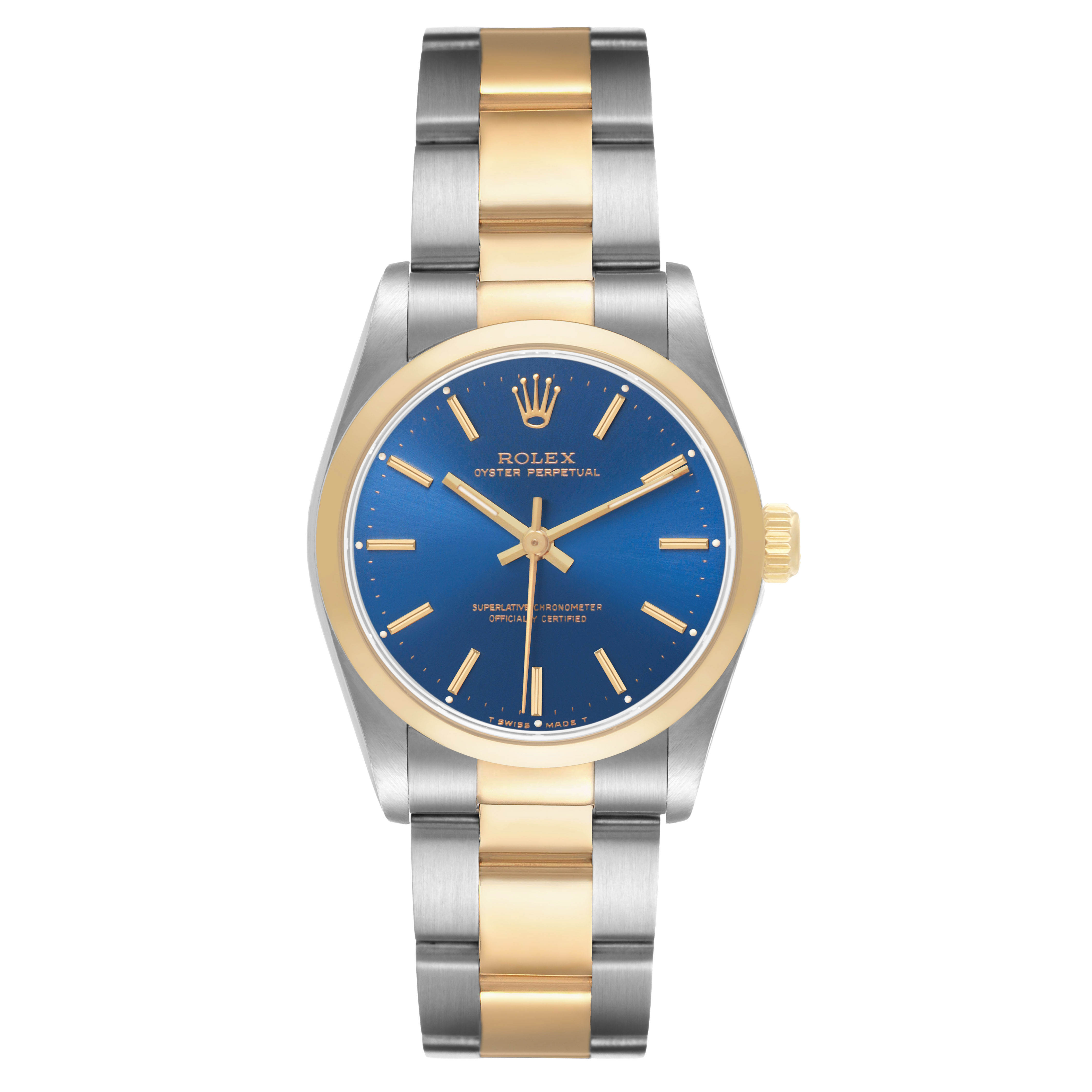 The Rolex Oyster Perpetual 67483 Women's Steel and Gold (two tone) Blue Dial watch is shown from a top-down angle, displaying the face, bezel, and bracelet.