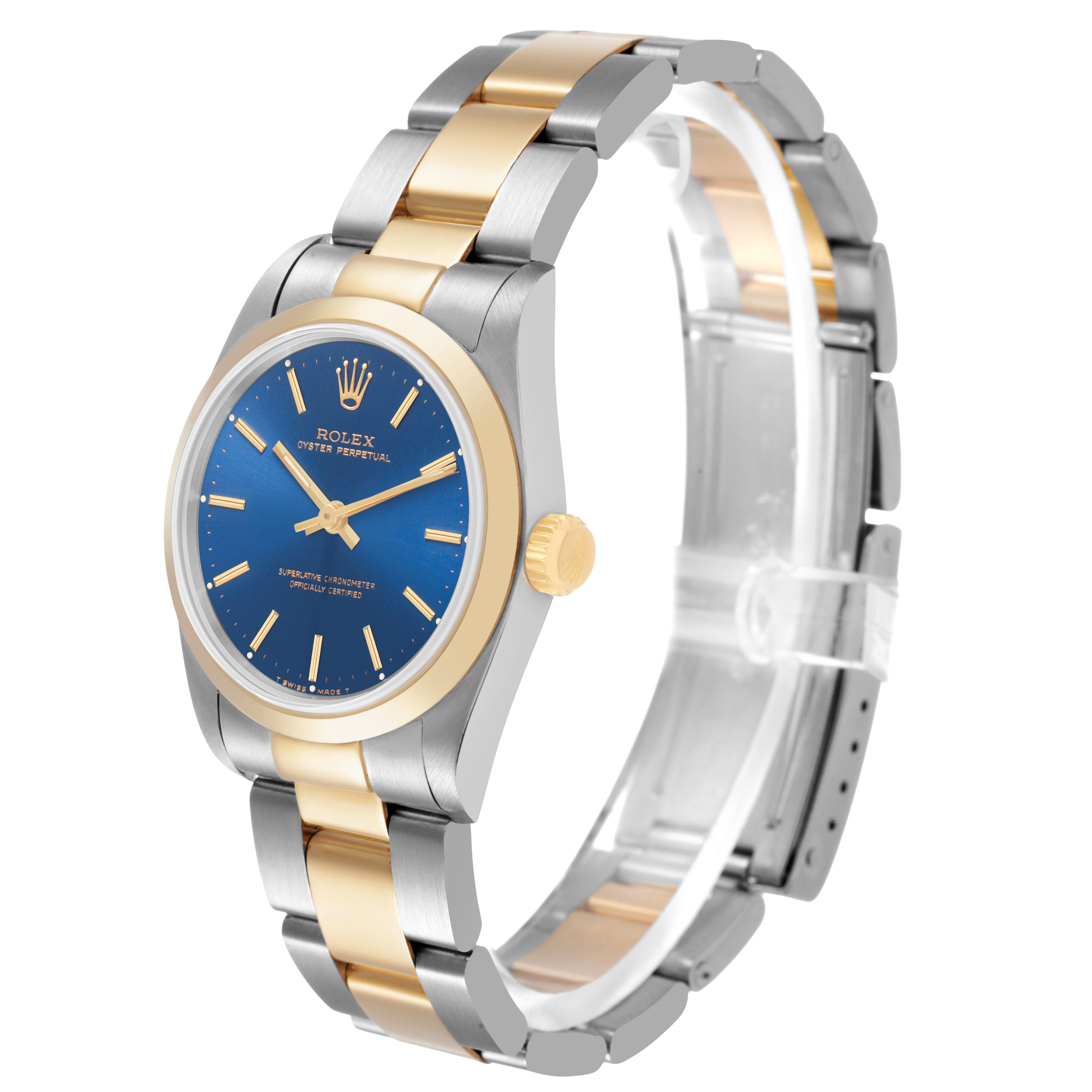 The Rolex Oyster Perpetual 67483 Women's Steel and Gold (two tone) Blue Dial watch is shown at a three-quarter angle, highlighting the face, bezel, bracelet, and crown.