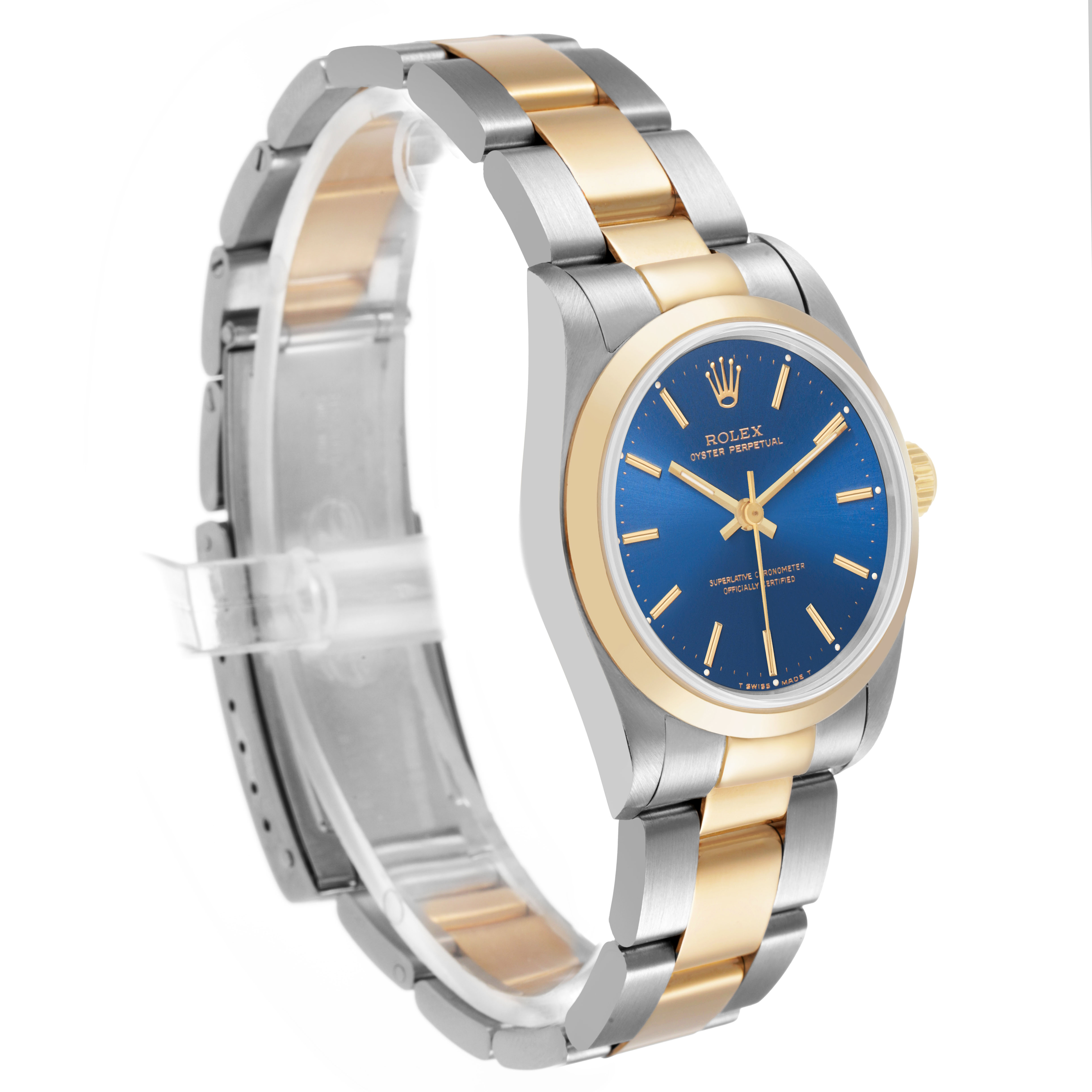The Rolex Oyster Perpetual 67483 Women's Steel and Gold (two tone) Blue Dial watch is shown from a side angle, displaying its two-tone bracelet and blue dial.