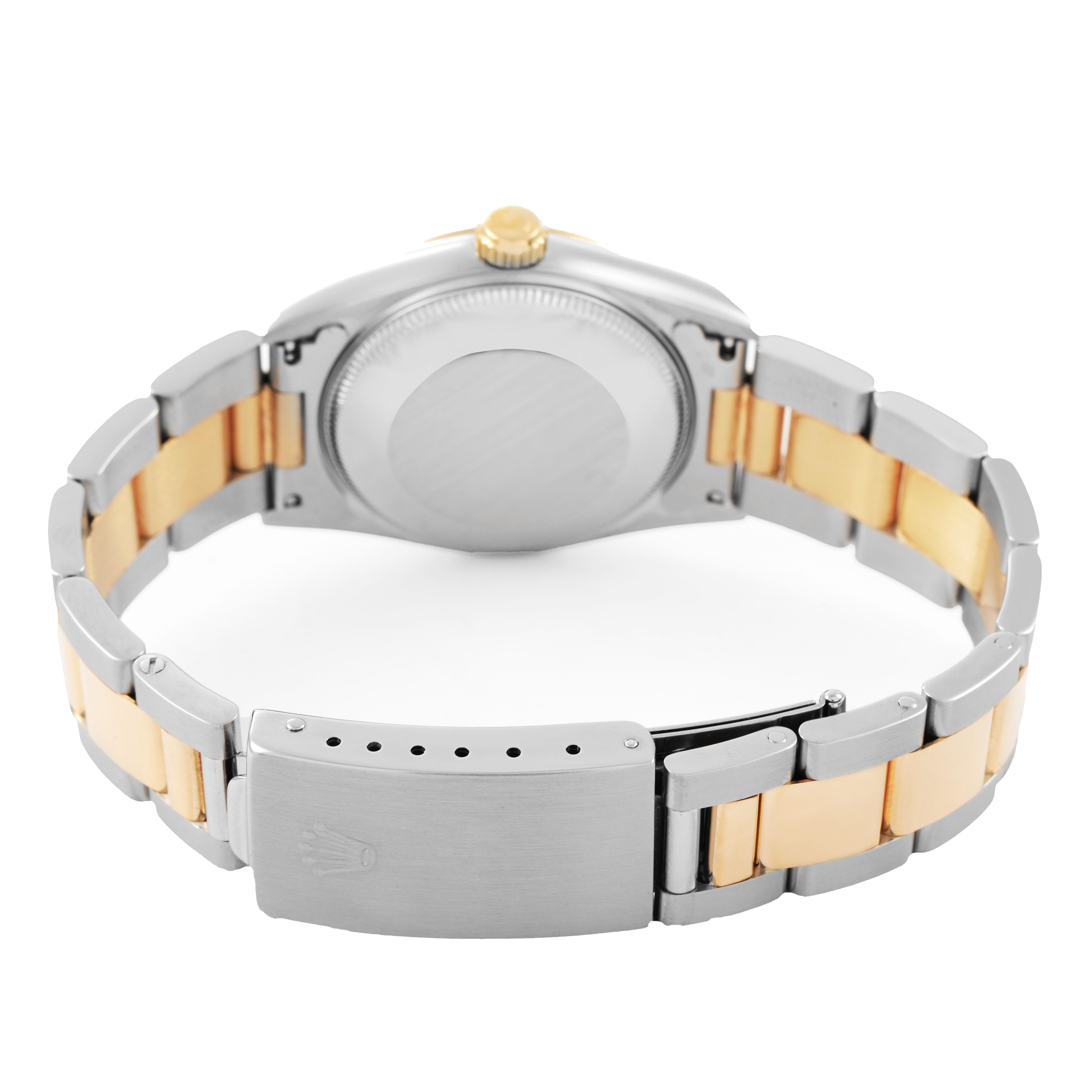 The image shows the back of a Rolex Oyster Perpetual 67483 Women's Steel and Gold (two tone) Blue Dial watch, highlighting the clasp and two-tone bracelet from a rear angle.