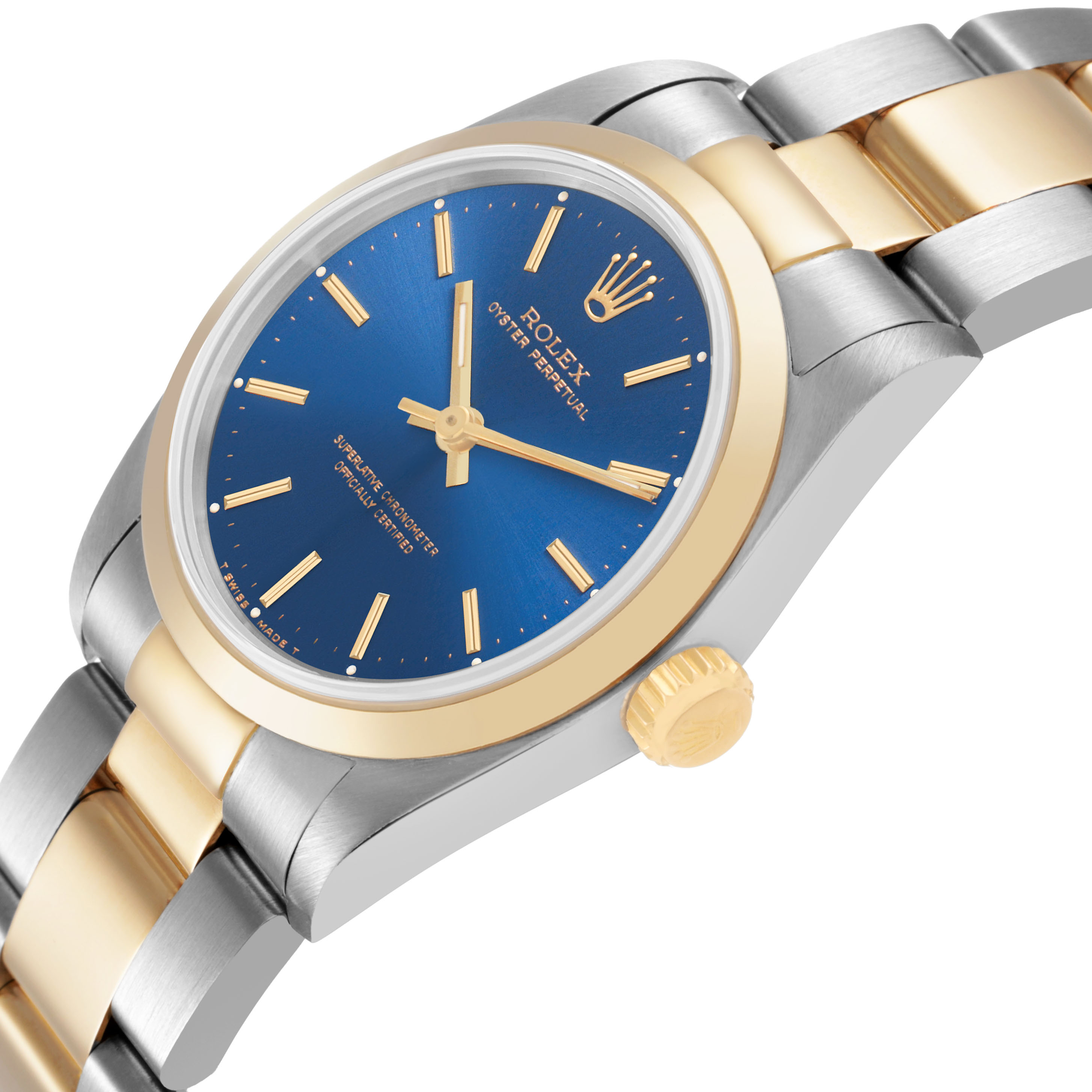 The Rolex Oyster Perpetual 67483 Women's Steel and Gold (two tone) Blue Dial is shown at an angled view, highlighting the blue dial, gold bezel, crown, and two-tone bracelet.