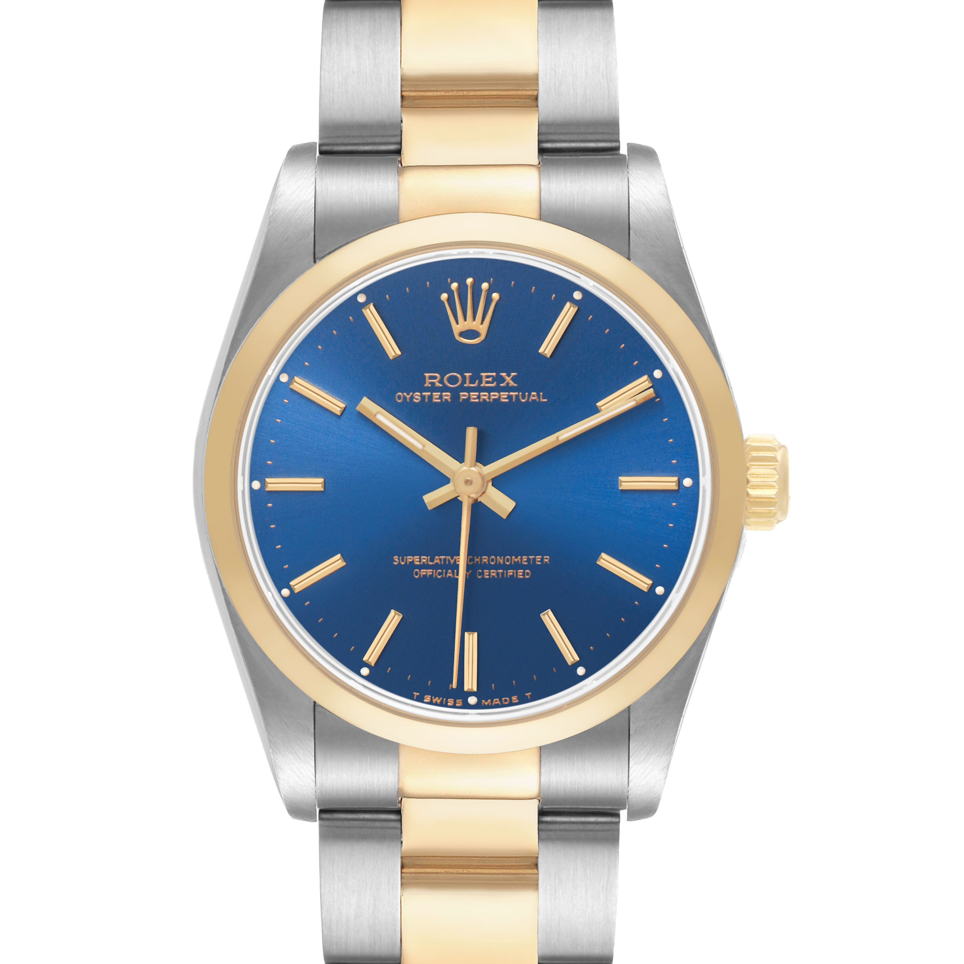 The Rolex Oyster Perpetual 67483 Women's Steel and Gold (two tone) Blue Dial watch is shown front-facing, displaying the case, bezel, dial, hands, and bracelet.