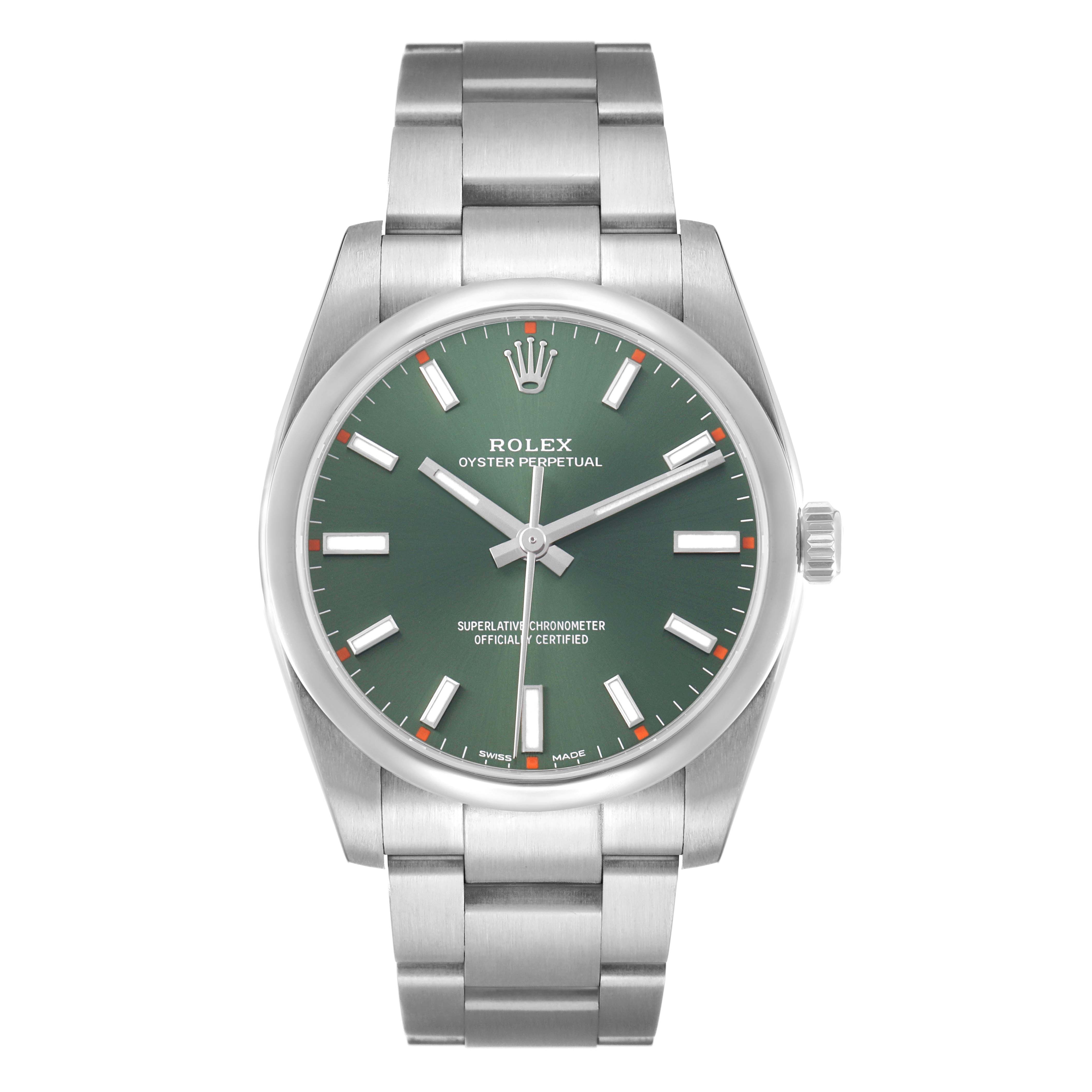 The Rolex Oyster Perpetual 114200 Men's Stainless Steel Green Dial watch is shown from the front, displaying its green dial, silver hour markers, and stainless steel bracelet.