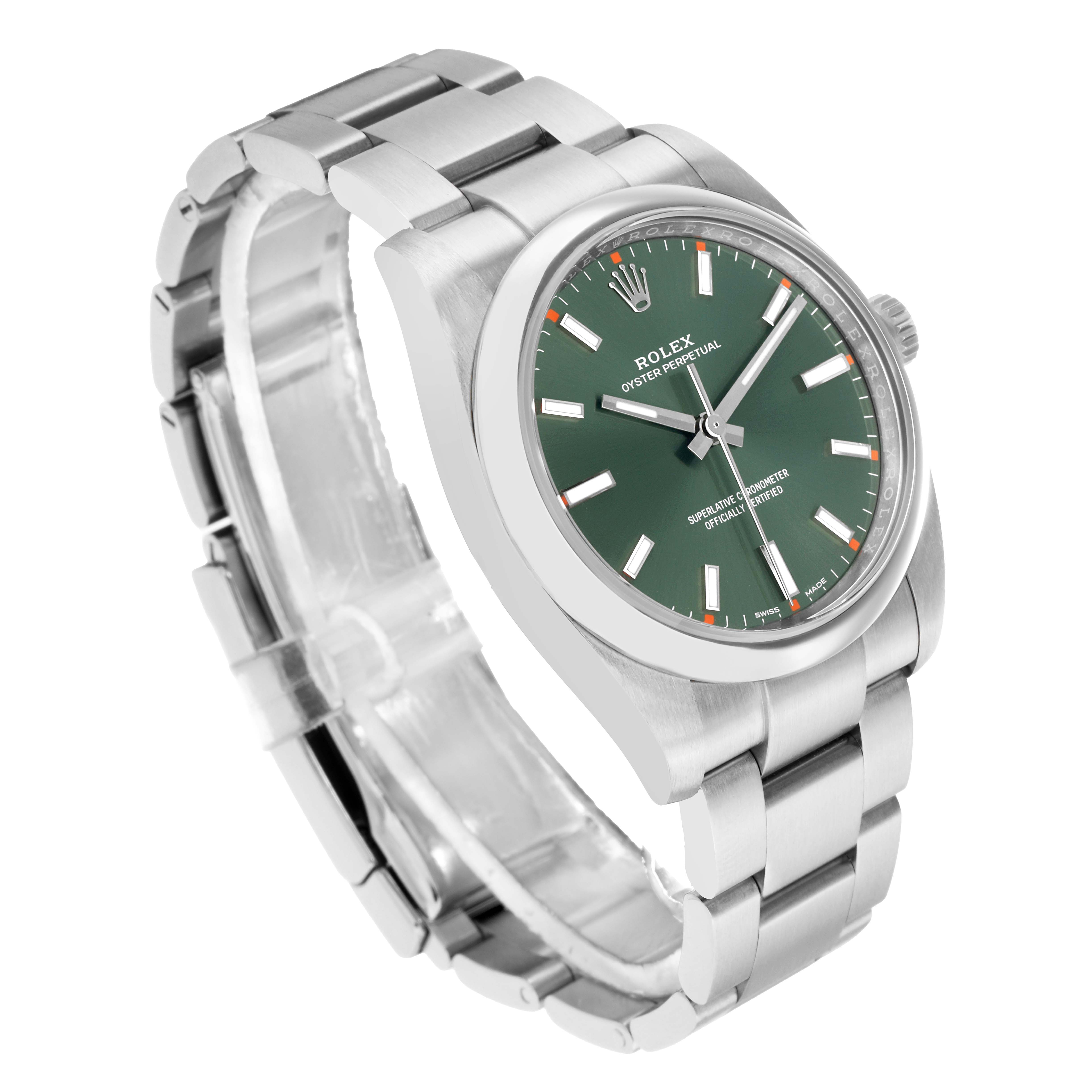The Rolex Oyster Perpetual 114200 Men's Stainless Steel Green Dial watch is shown at a slight angle, displaying the green dial, bezel, bracelet, and crown.