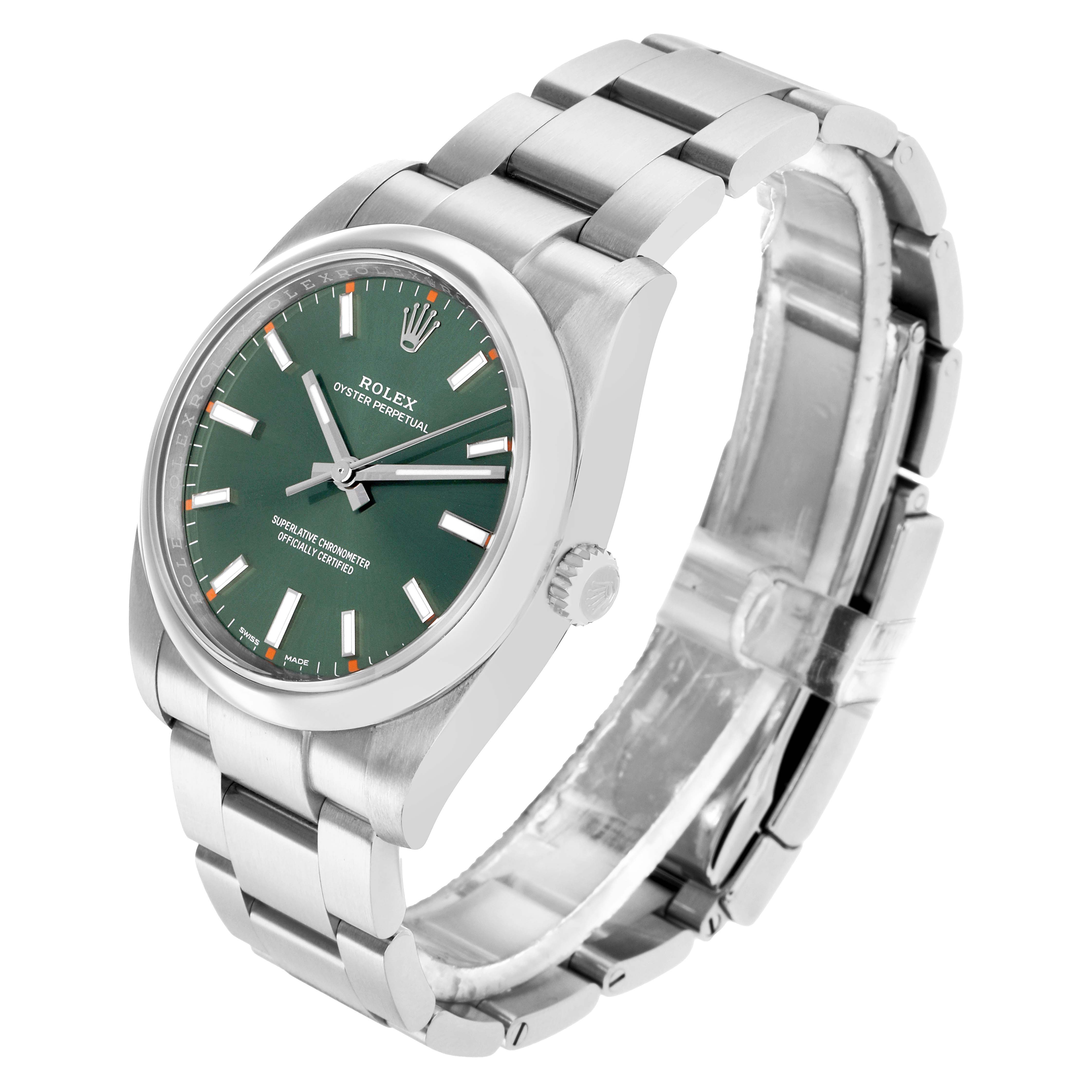 The Rolex Oyster Perpetual 114200 Men's Stainless Steel Green Dial watch is shown from a front-side angle, displaying the dial, bezel, case, bracelet, and crown.