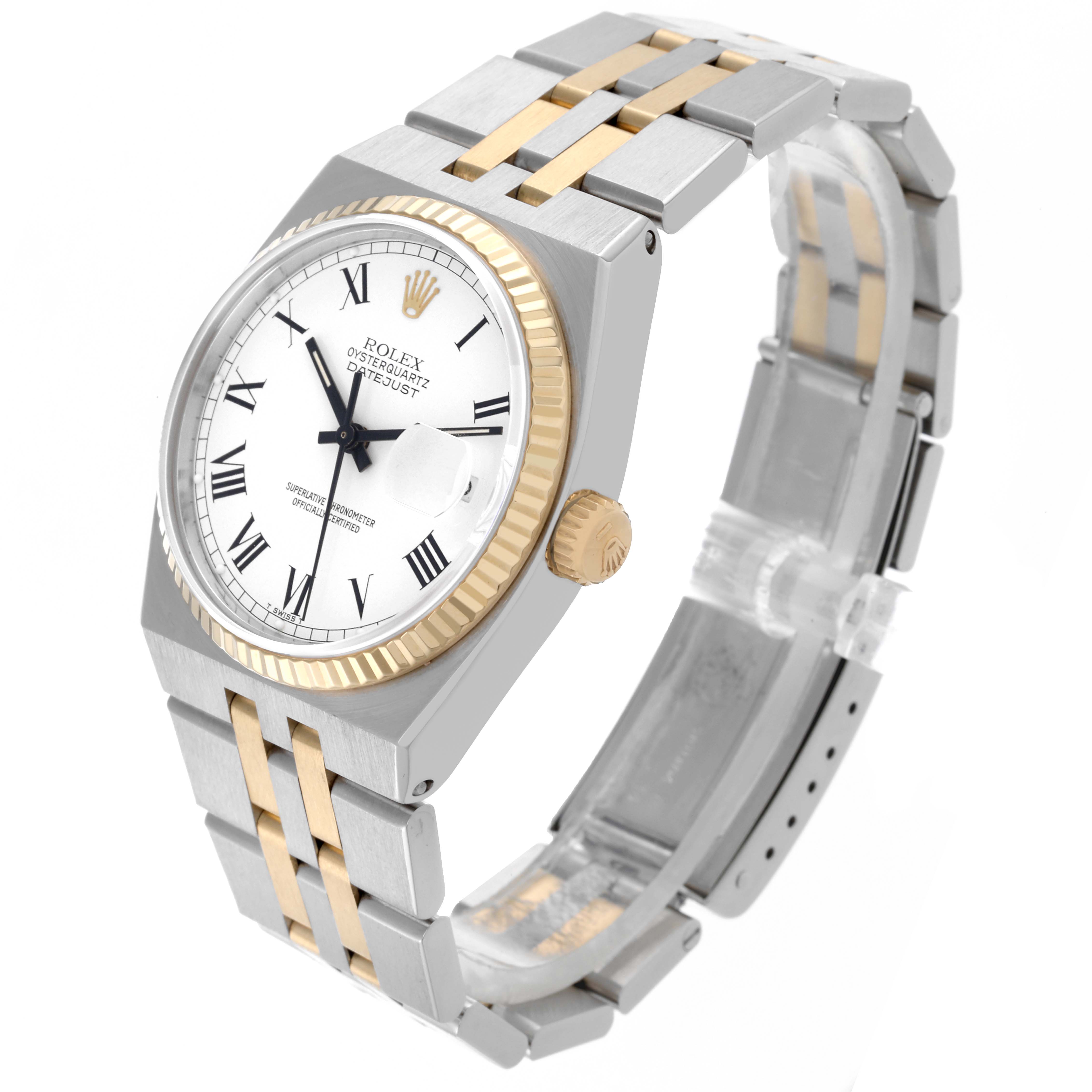 The Rolex Oysterquartz 65218 Men
s Steel and Gold (two tone) White Dial 65218 Men
s Steel and Gold (two tone) White Dial watch is shown at a three-quarter angle, displaying the face, bracelet, and crown.