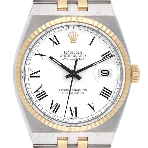 The Rolex Oysterquartz watch is shown from a straight-on angle, highlighting the dial, bezel, crown, and part of the bracelet.