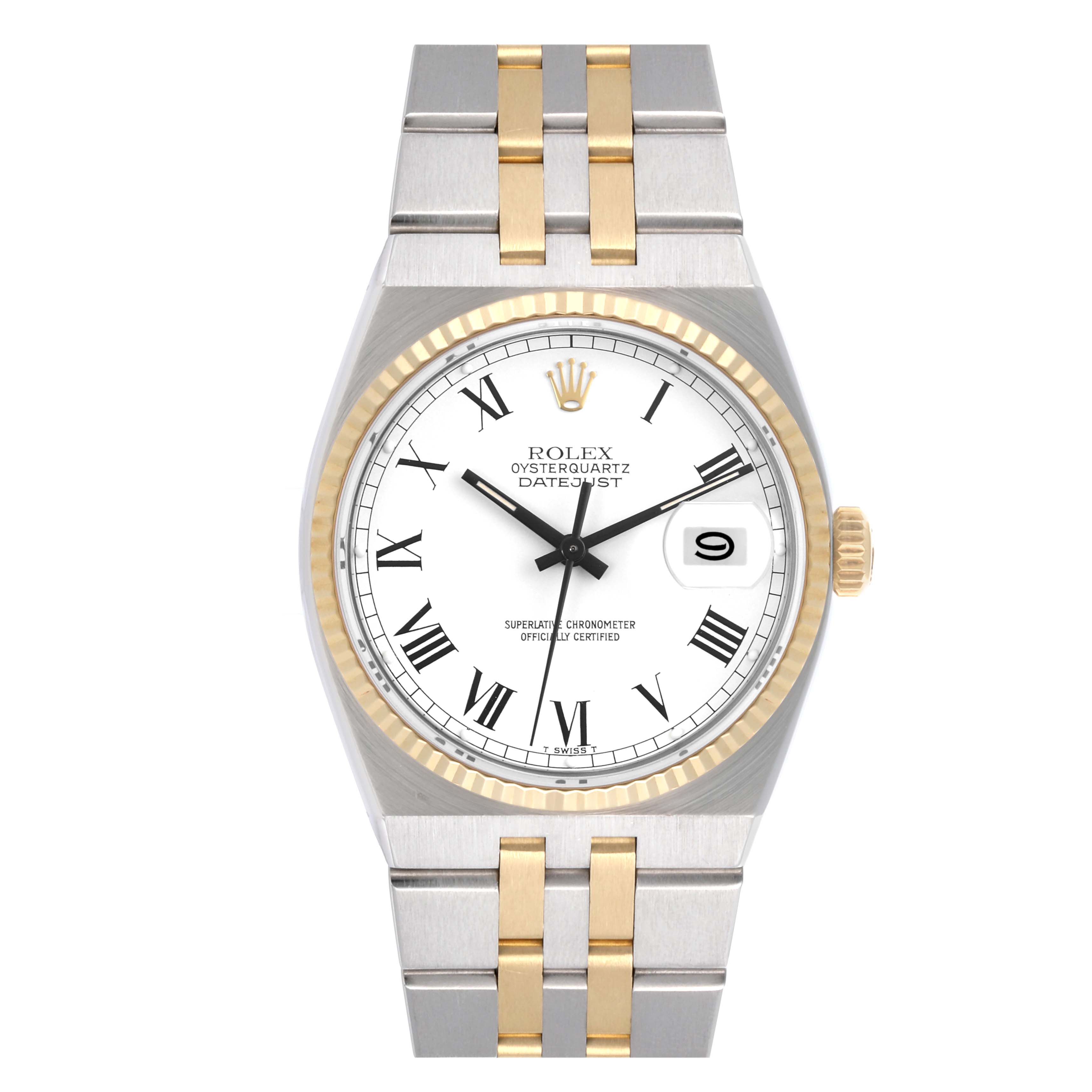 The Rolex Oysterquartz 65218 Men
s Steel and Gold (two tone) White Dial 65218 Men
s Steel and Gold (two tone) White Dial watch is shown from a front angle, highlighting the dial, bezel, and bracelet.