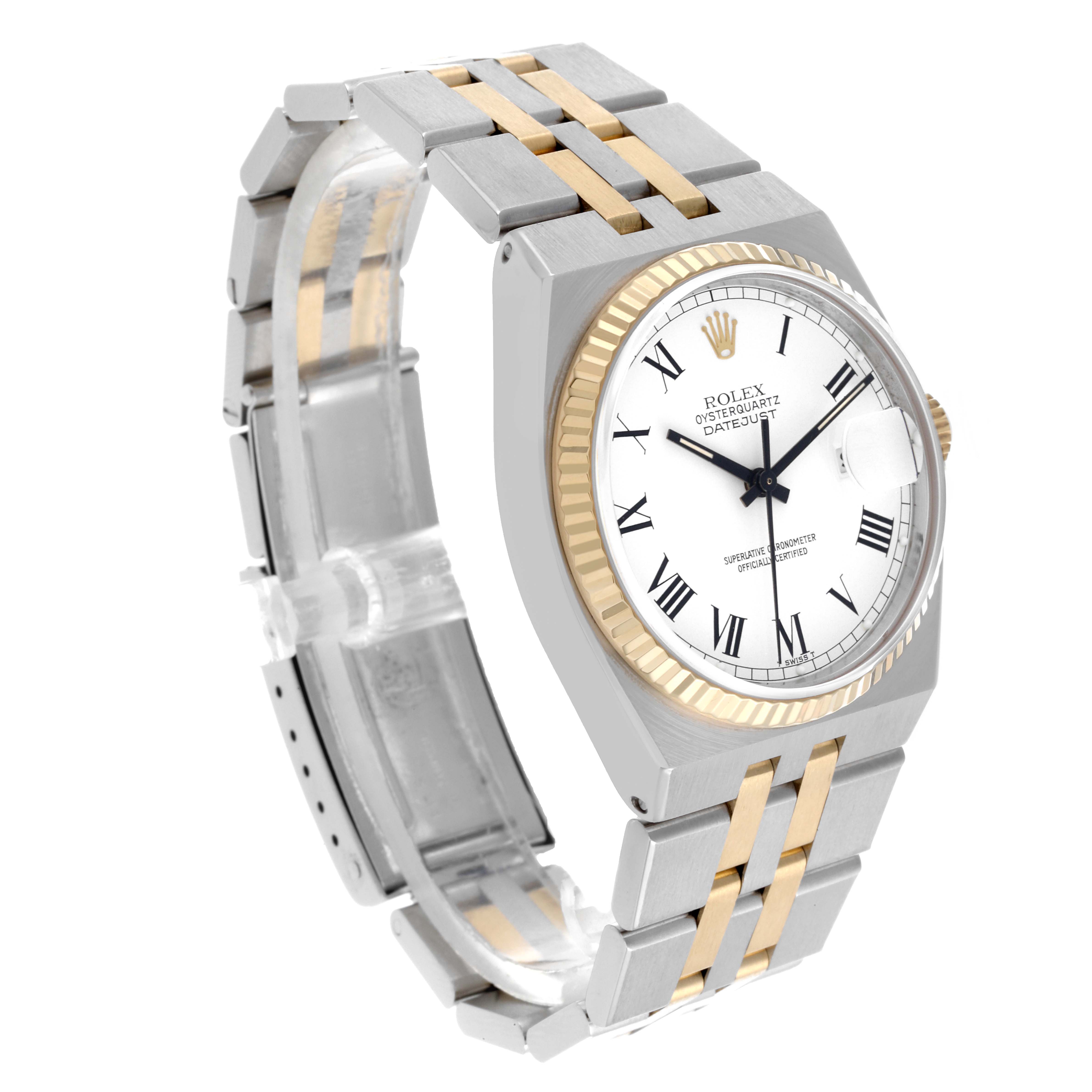 The Rolex Oysterquartz 65218 Men
s Steel and Gold (two tone) White Dial 65218 Men
s Steel and Gold (two tone) White Dial watch is shown in a three-quarter angle displaying the dial, case, and two-tone bracelet.