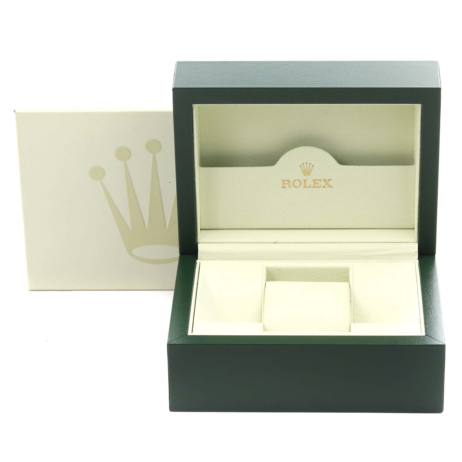 The Rolex Pearlmaster 69318 Women's Yellow Gold Champagne Dial 69318 Women's Yellow Gold Champagne Dial watch box is shown open, revealing its padded interior and the Rolex logo on the lid.