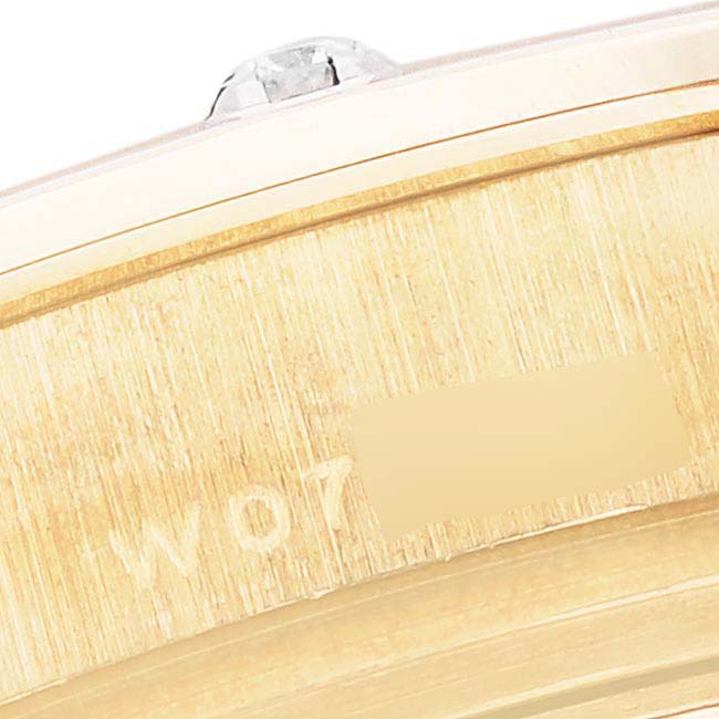 The image shows a close-up of the side of the Rolex Pearlmaster 69318 Women's Yellow Gold Champagne Dial 69318 Women's Yellow Gold Champagne Dial watch with focus on its textured golden band and partial markings.