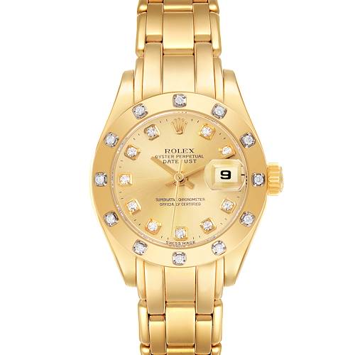 The Rolex Pearlmaster watch is shown from a top-down angle, highlighting its gold bracelet, bezel with diamonds, and date display.