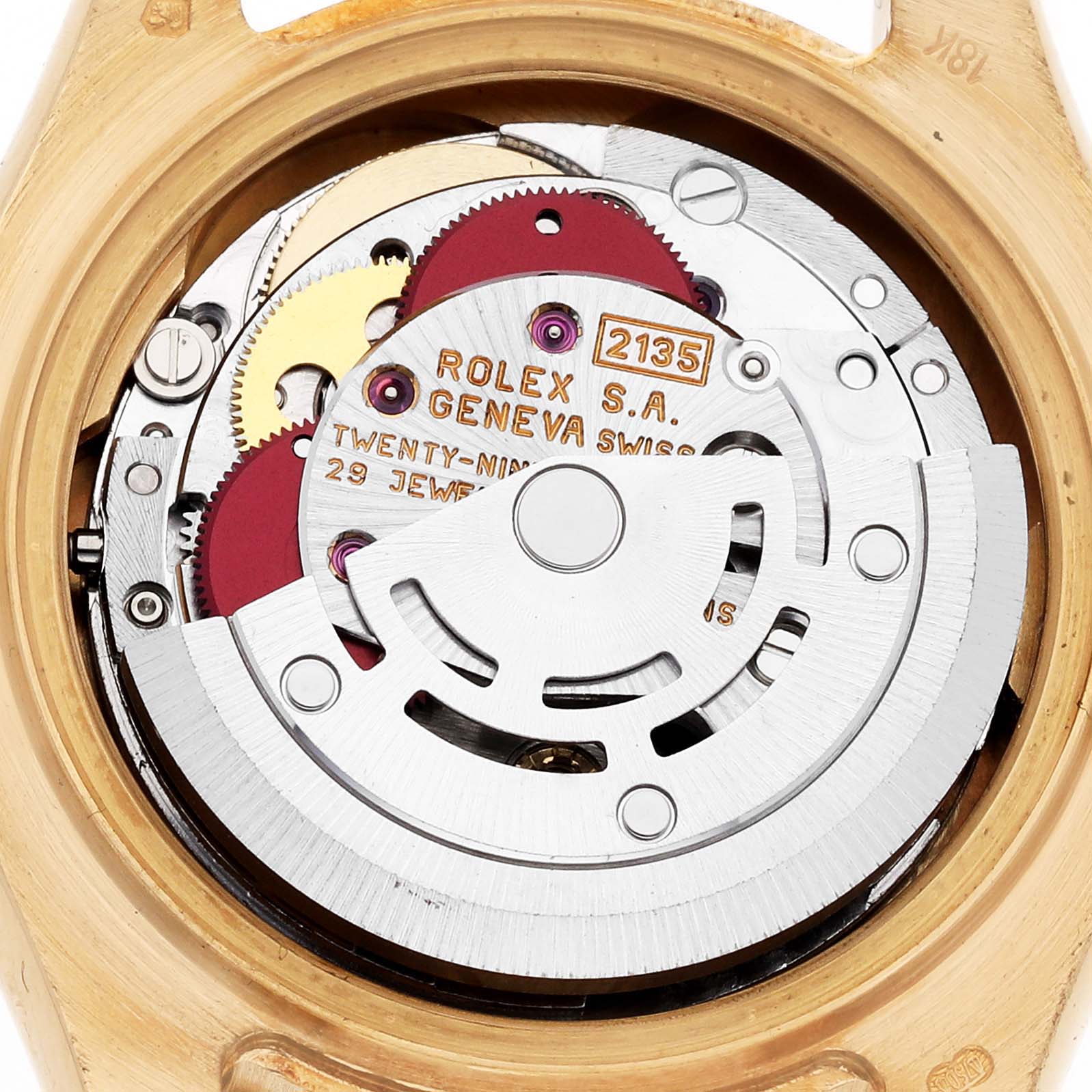 The image shows a close-up of the back of the Rolex Pearlmaster 69318 Women's Yellow Gold Champagne Dial 69318 Women's Yellow Gold Champagne Dial watch, focusing on its intricate movement components.