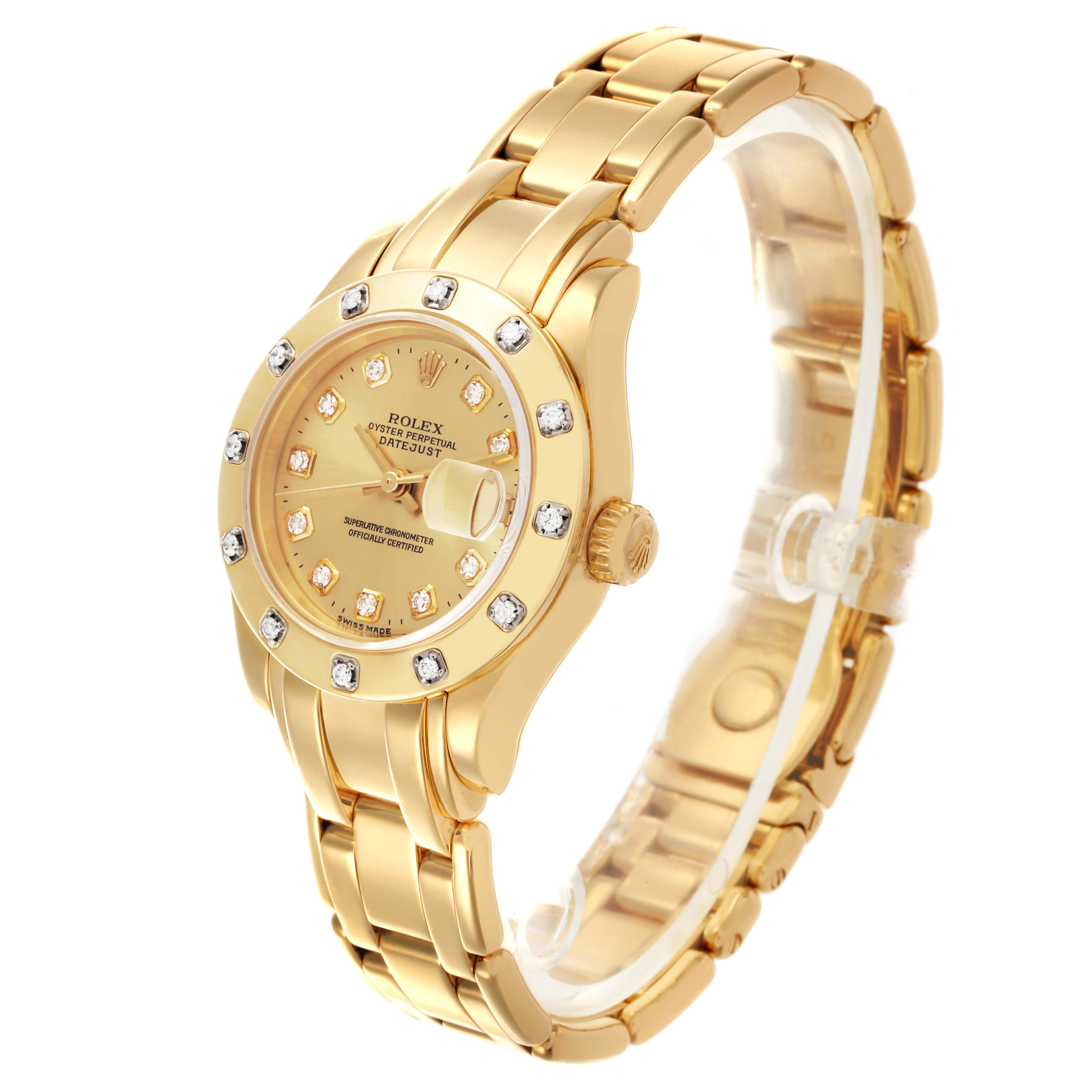 The Rolex Pearlmaster 69318 Women's Yellow Gold Champagne Dial 69318 Women's Yellow Gold Champagne Dial watch is shown at a three-quarter angle, highlighting the face, bezel, and bracelet.