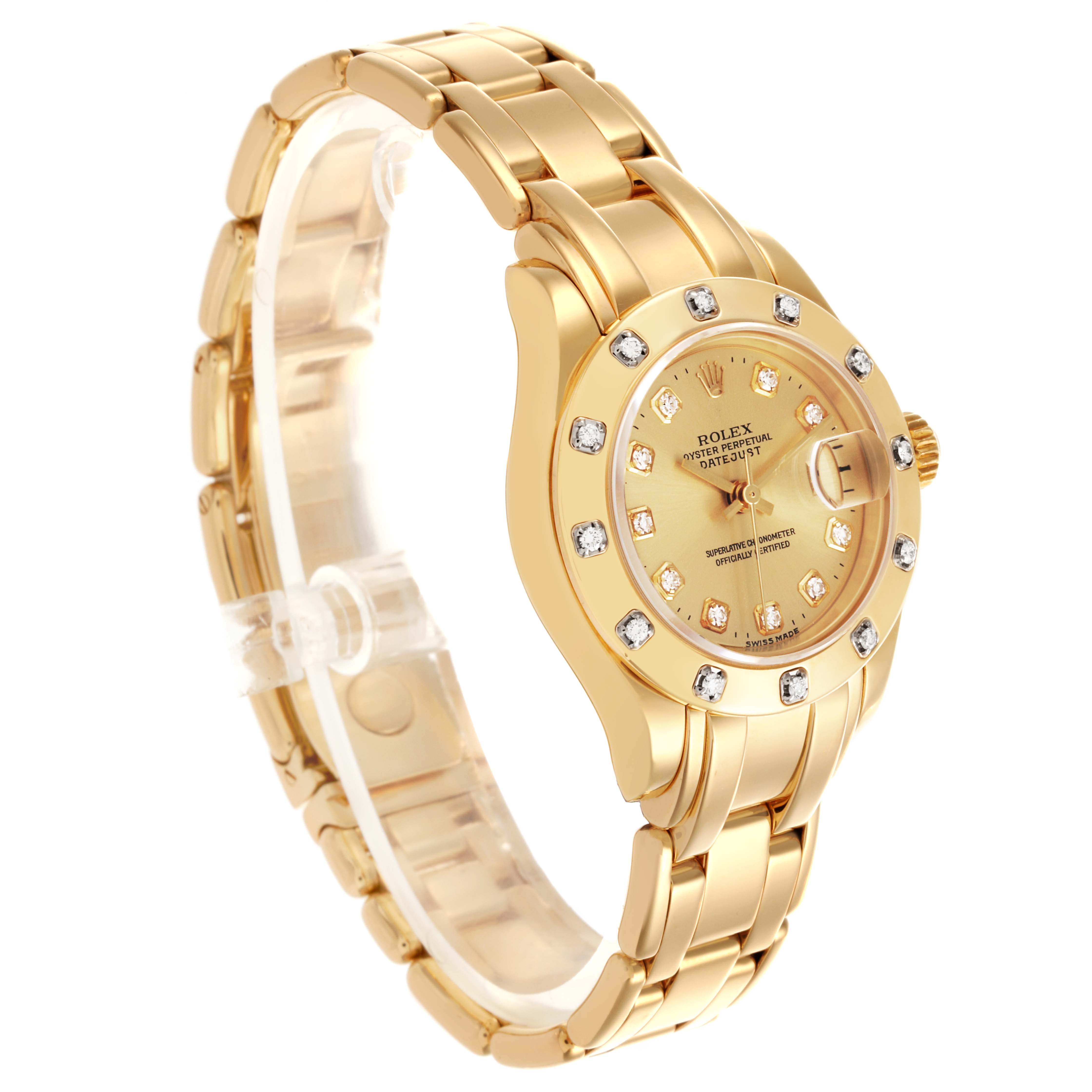 The Rolex Pearlmaster 69318 Women's Yellow Gold Champagne Dial 69318 Women's Yellow Gold Champagne Dial watch is shown at a three-quarter angle, highlighting the face, bracelet, and bezel.