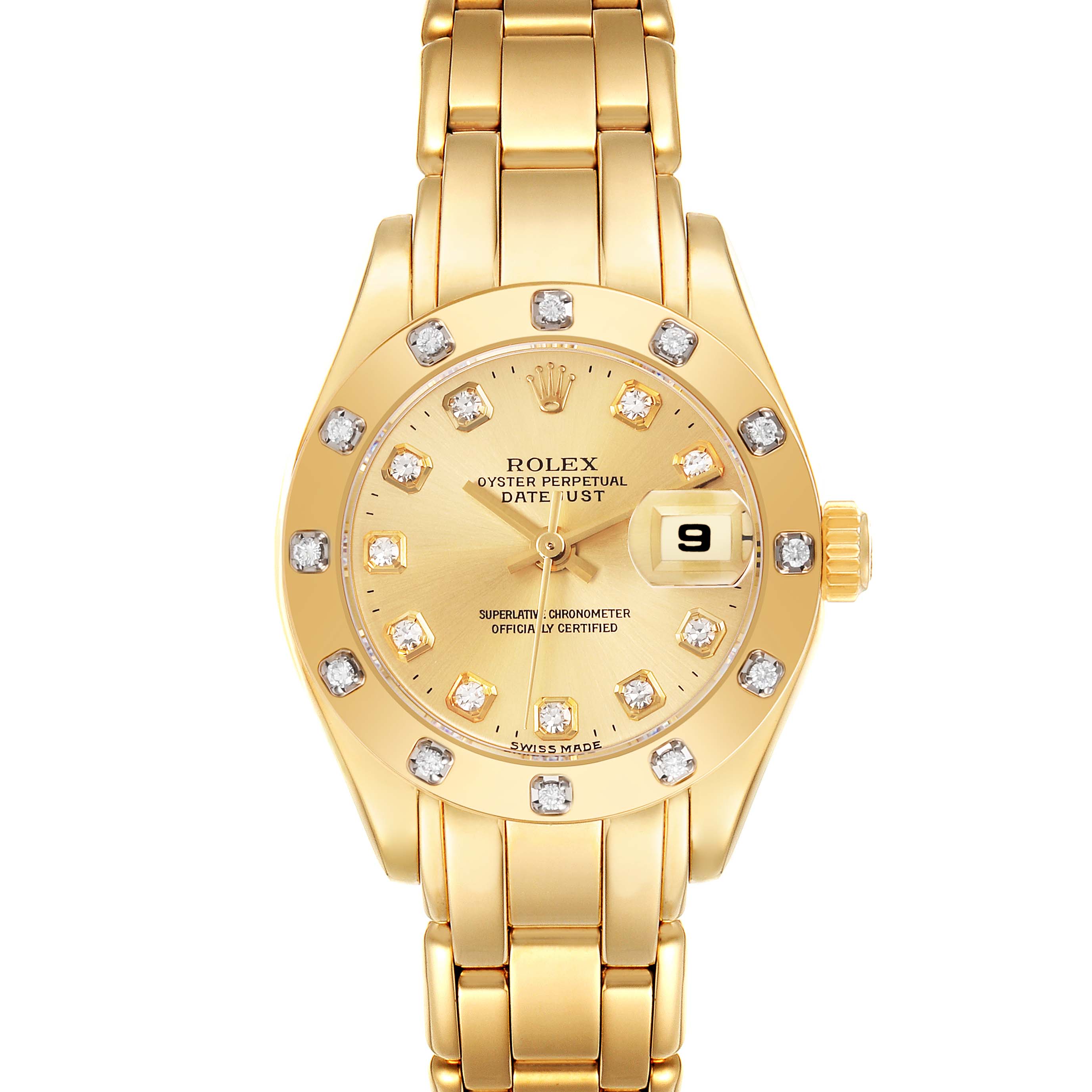 The image shows a frontal view of the Rolex Pearlmaster watch, displaying its face, bracelet, and date window.