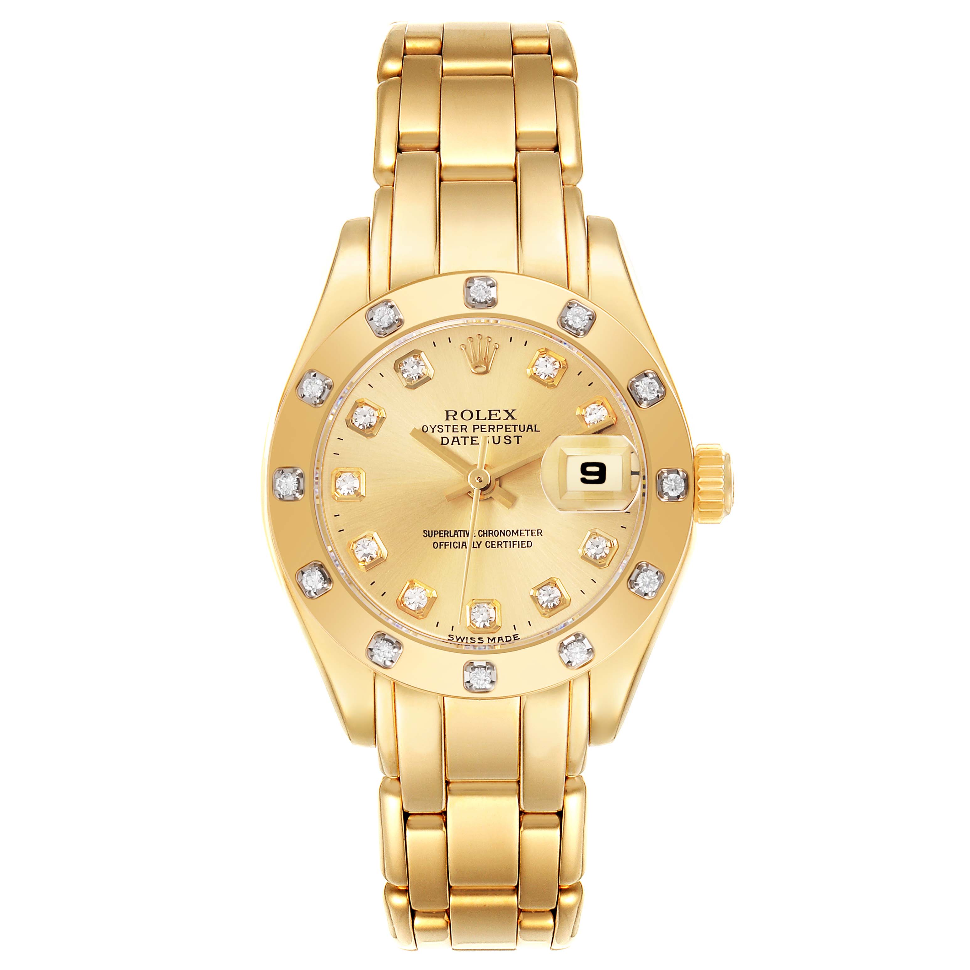 The image shows a frontal view of a Rolex Pearlmaster 69318 Women's Yellow Gold Champagne Dial 69318 Women's Yellow Gold Champagne Dial watch, highlighting the dial, bezel, and bracelet.