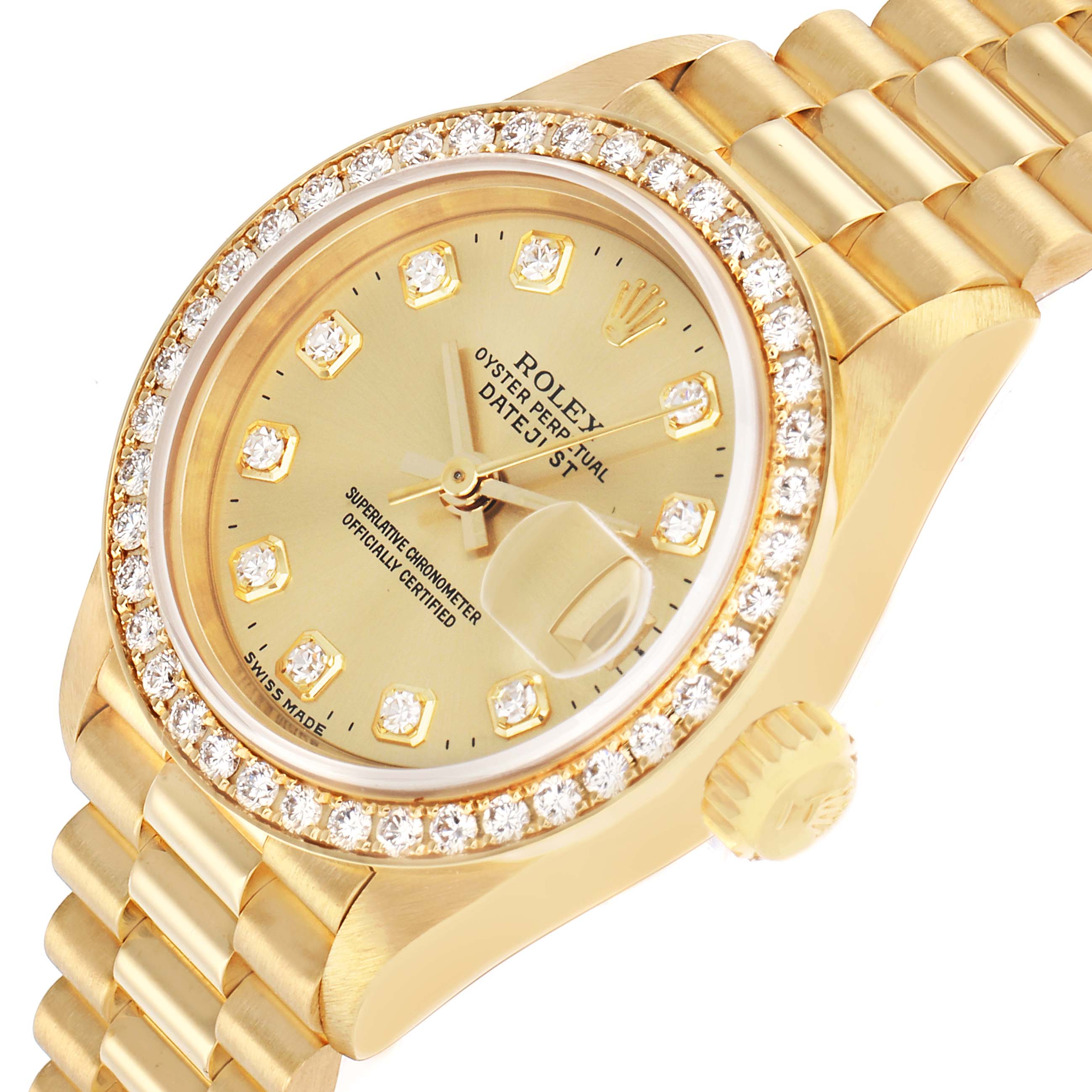 The Rolex President 69138 Women
s Yellow Gold Champagne Dial model watch is shown at an angle highlighting the bezel, dial, bracelet, and crown.
