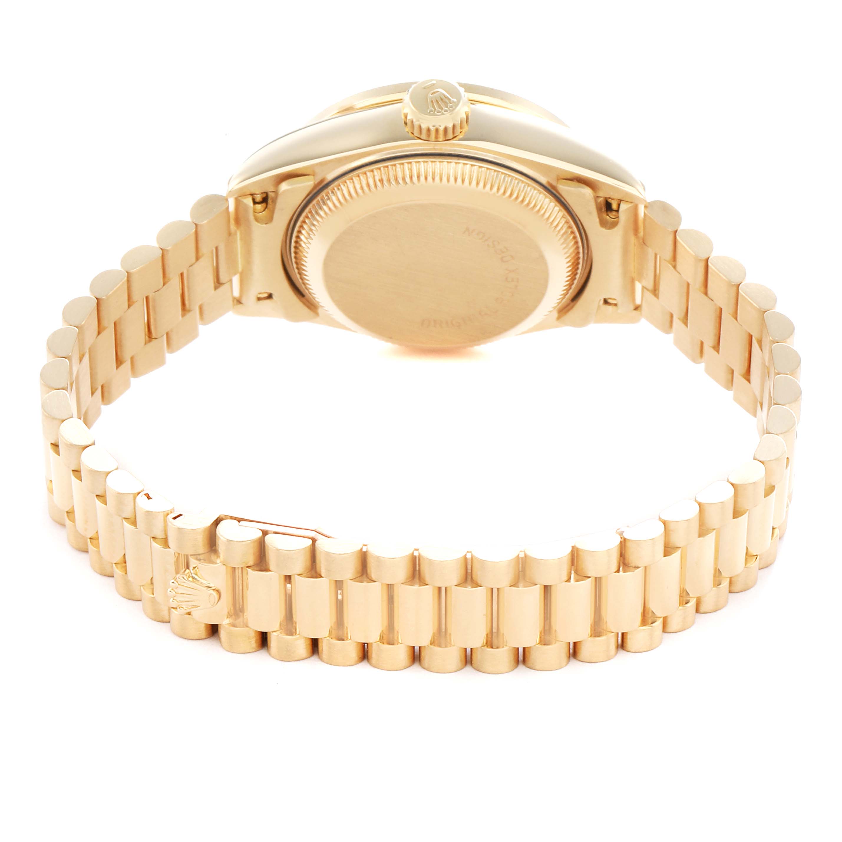 The Rolex President 69138 Women
s Yellow Gold Champagne Dial model is shown from the back, highlighting the bracelet, clasp, and case back.