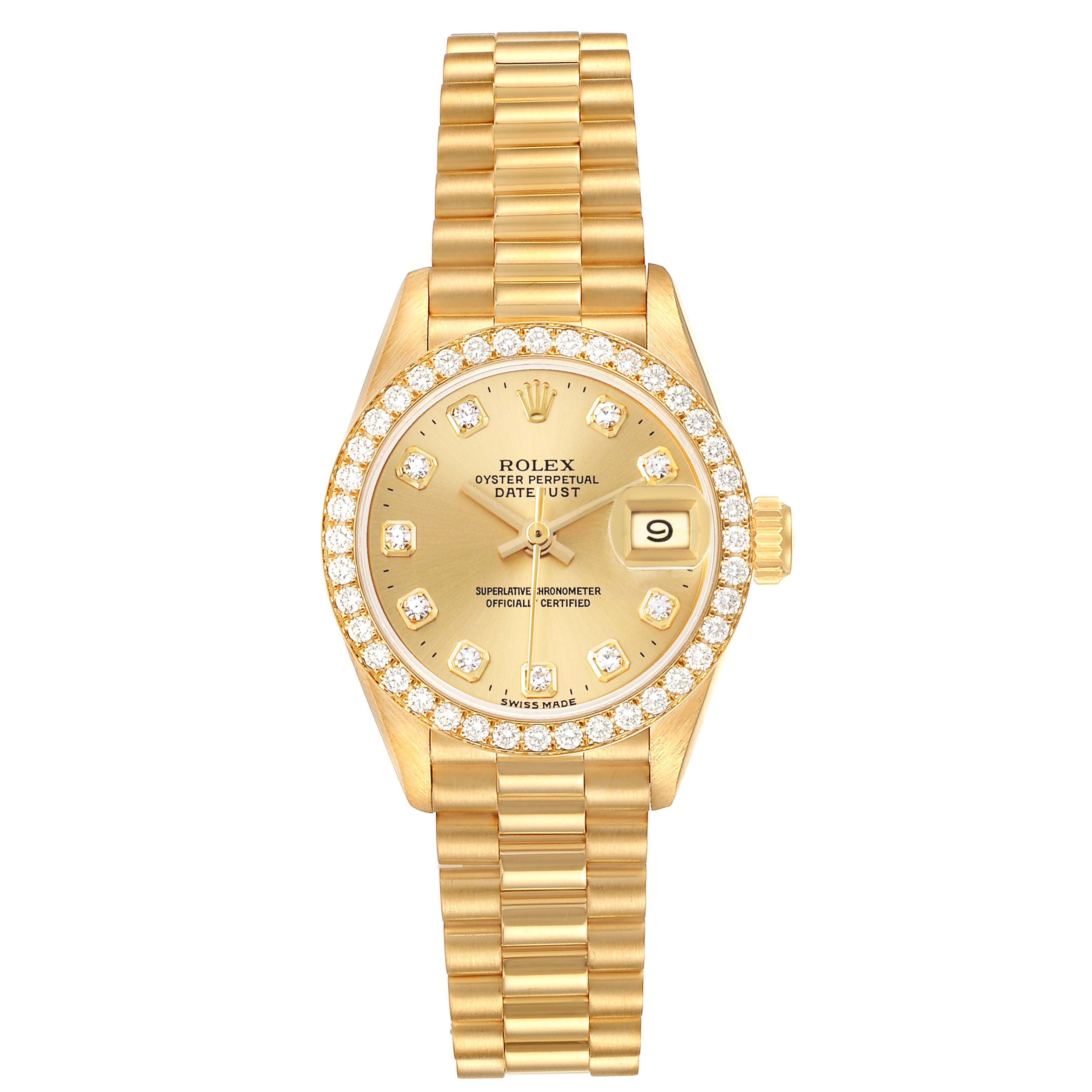 The Rolex President 69138 Women
s Yellow Gold Champagne Dial model watch is shown from a top-down angle, displaying its gold bracelet, diamond bezel, and date feature.