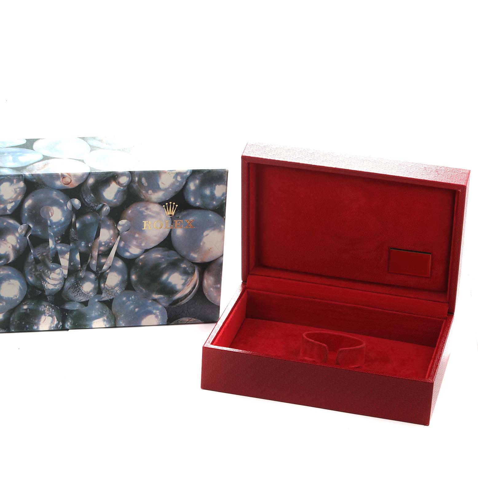 The image shows an open red Rolex watch box and outer packaging for the Rolex President 69138 Women
s Yellow Gold Champagne Dial model.