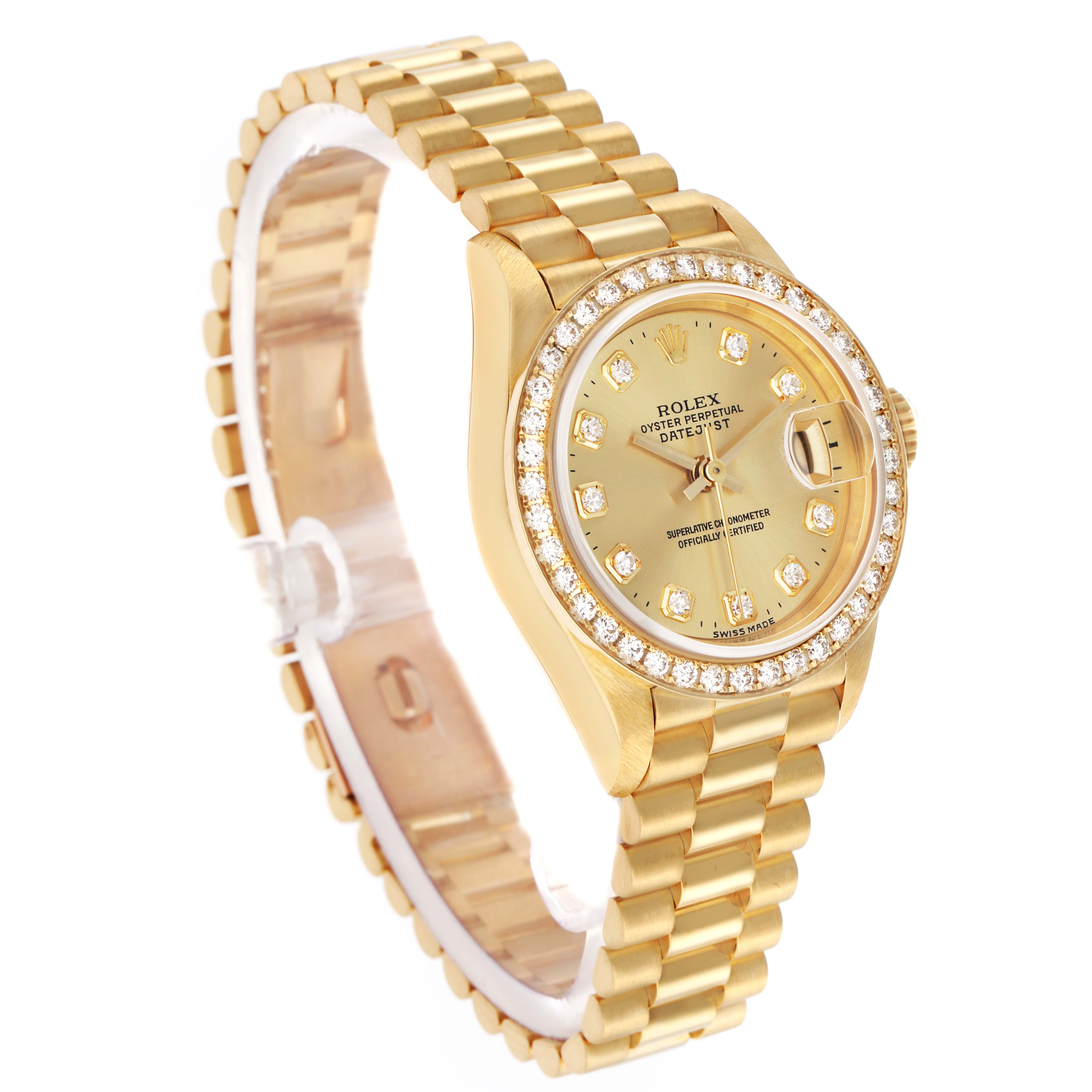 The Rolex President 69138 Women
s Yellow Gold Champagne Dial watch is shown at a slight angle, displaying the dial, bezel, and part of the gold bracelet.