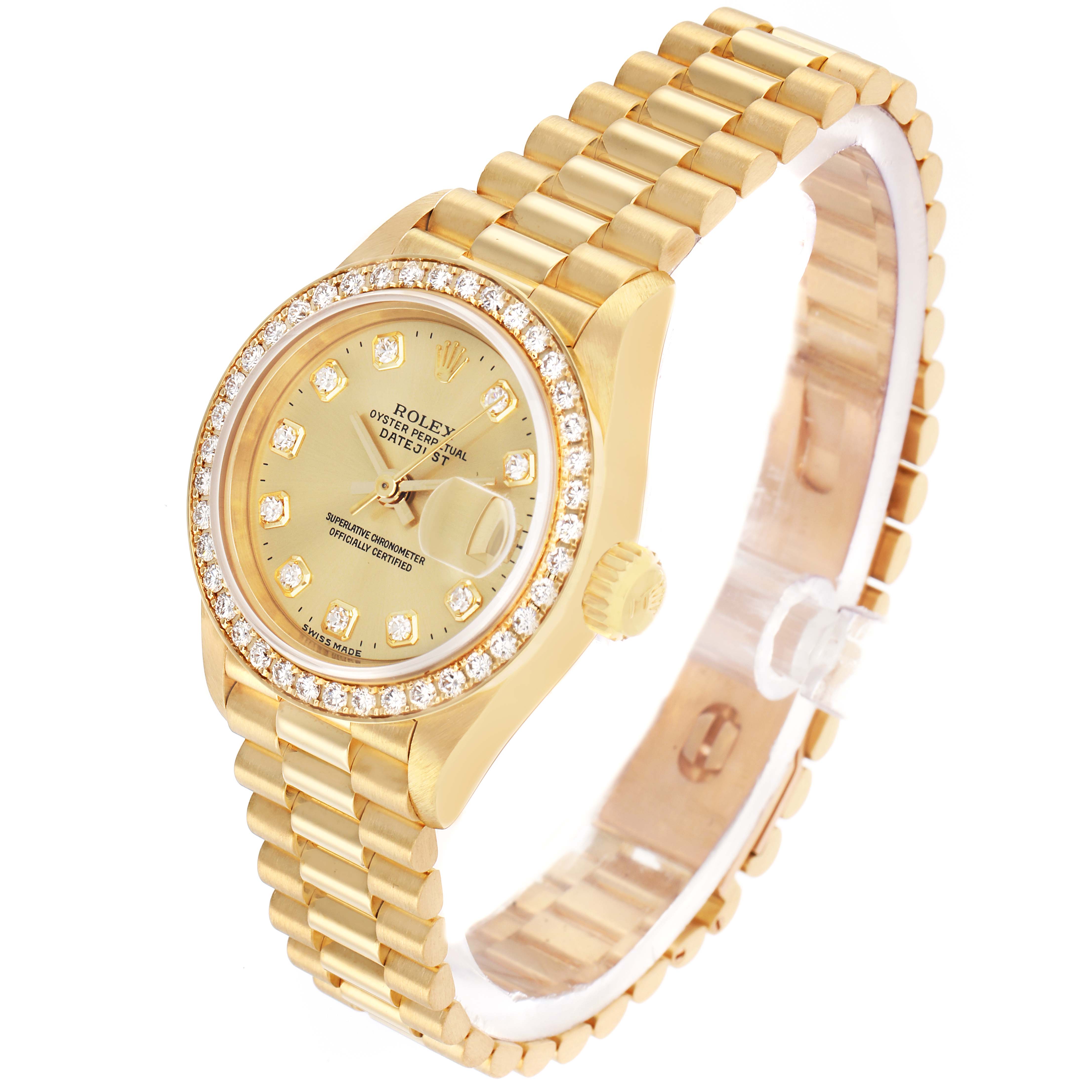 The Rolex President 69138 Women
s Yellow Gold Champagne Dial model watch is shown at a three-quarter angle, displaying the face, bezel, crown, and bracelet.