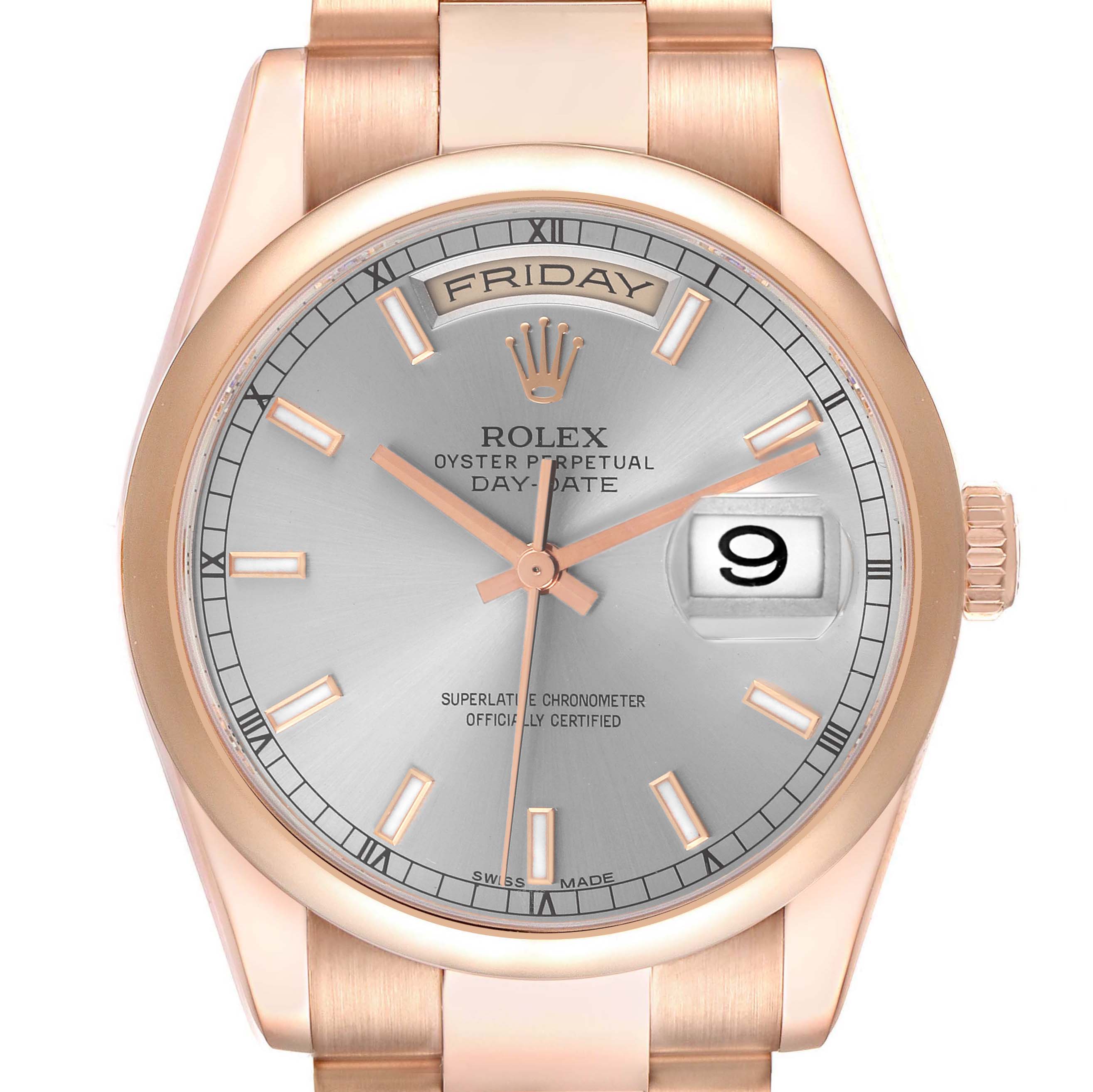 The Rolex President 118205 Men's Rose Gold Silver Dial 118205 Men's Rose Gold Silver Dial model is shown from the top, displaying the face, dial, bezel, and part of the bracelet.