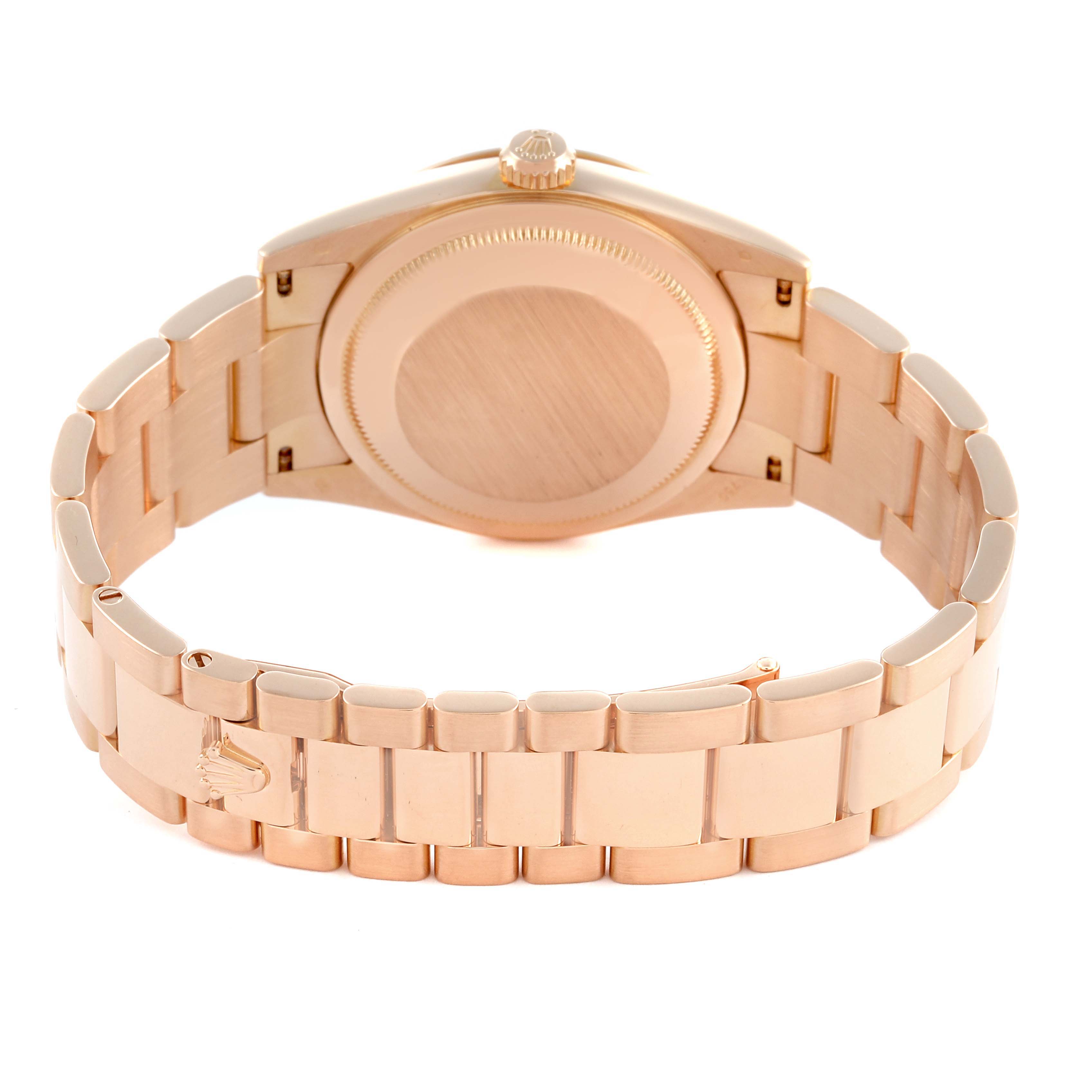 The image shows the back view of the Rolex President 118205 Men's Rose Gold Silver Dial 118205 Men's Rose Gold Silver Dial model, highlighting the case back and bracelet.