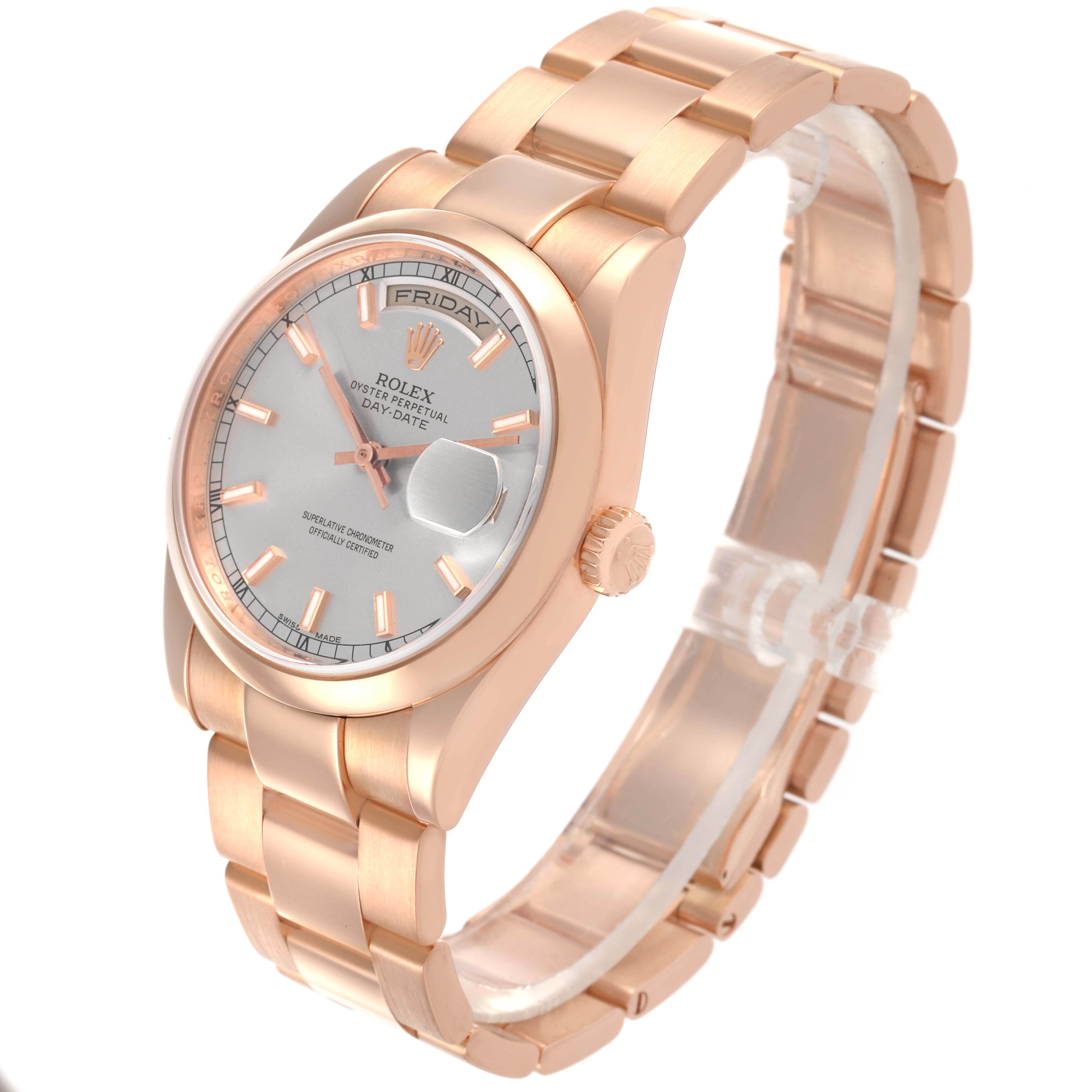 The Rolex President 118205 Men's Rose Gold Silver Dial 118205 Men's Rose Gold Silver Dial model is shown at a three-quarter angle, displaying the face, bezel, bracelet, and crown.