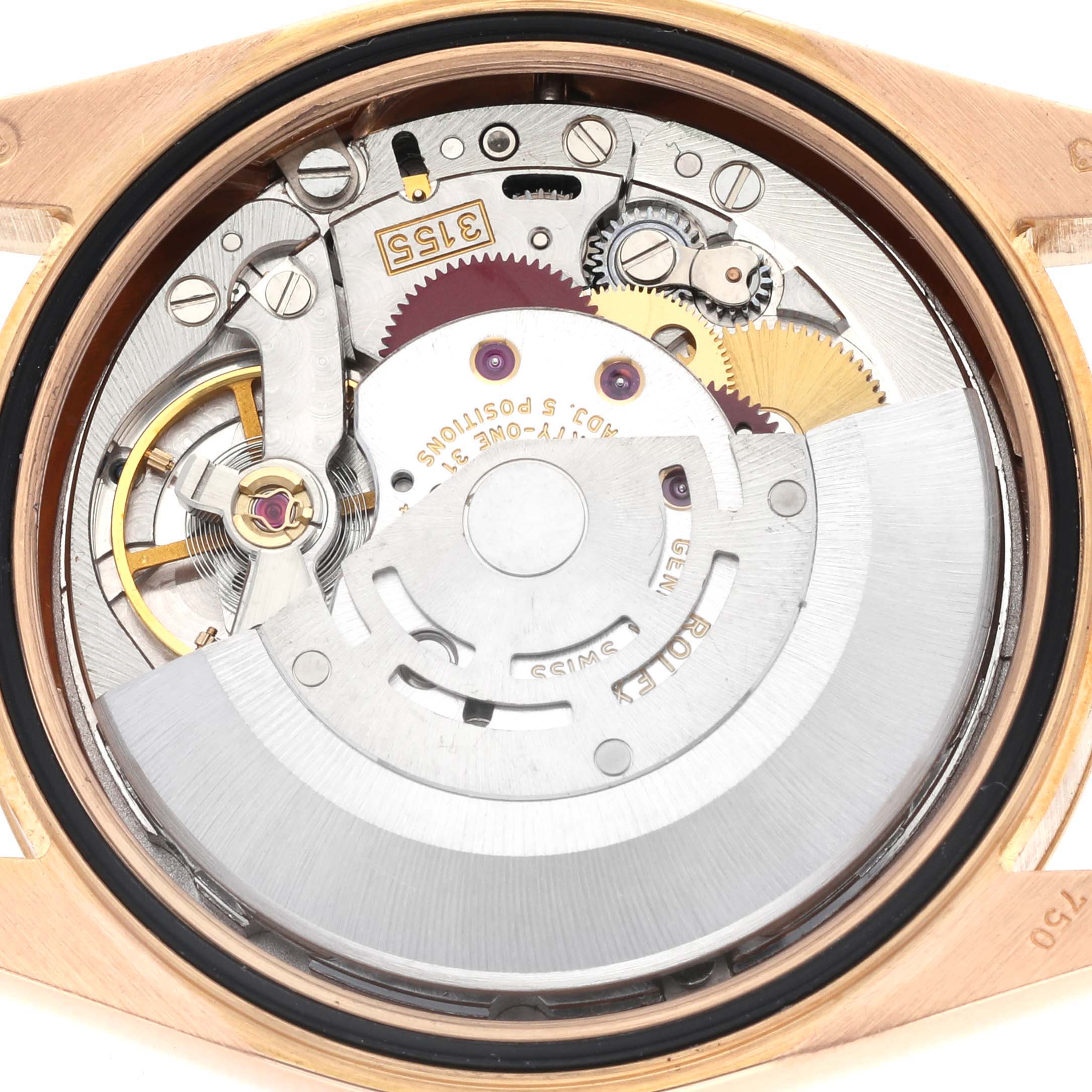 The image shows the internal mechanism and rotor of a Rolex President 118205 Men's Rose Gold Silver Dial 118205 Men's Rose Gold Silver Dial model from the back view.