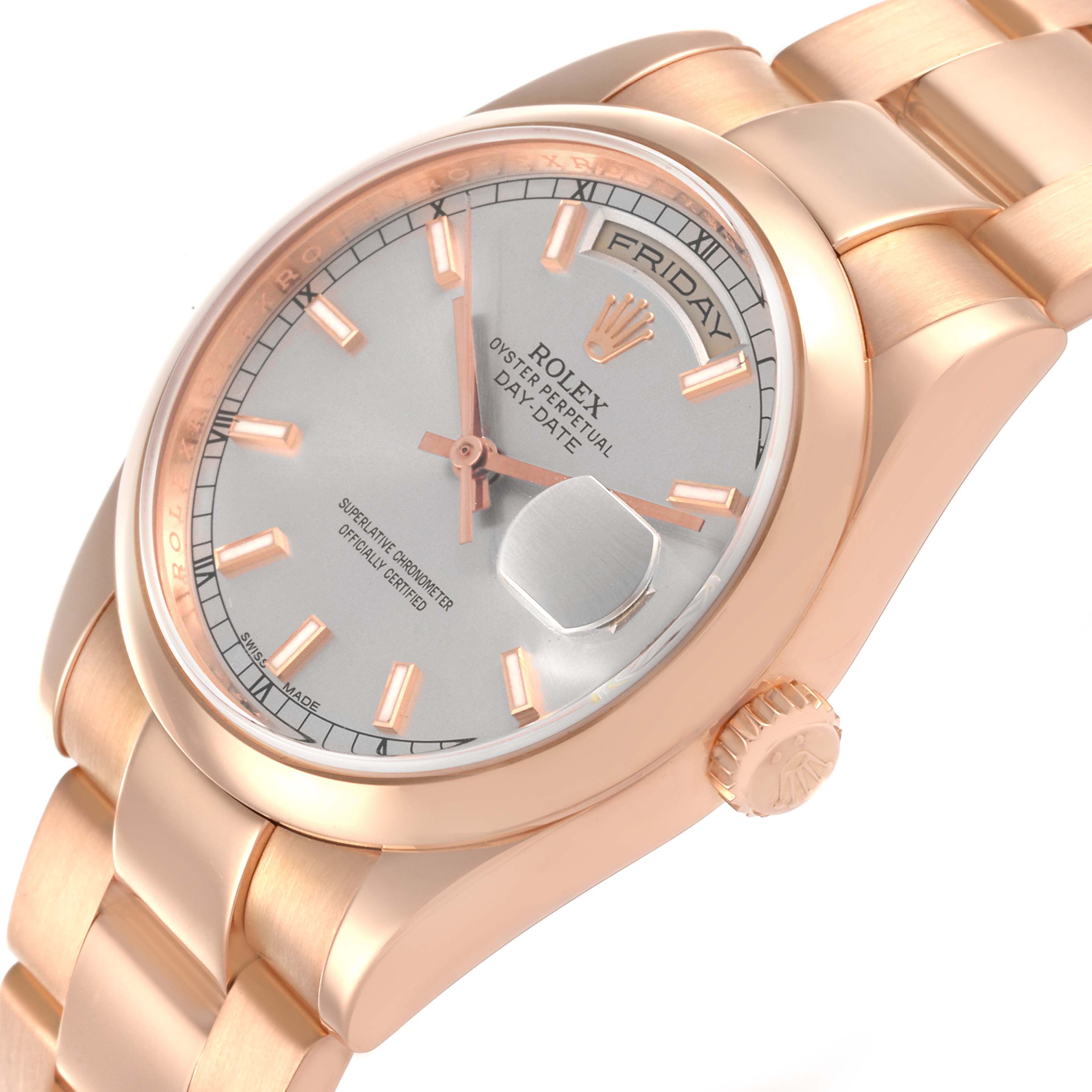 The Rolex President 118205 Men's Rose Gold Silver Dial 118205 Men's Rose Gold Silver Dial model watch is shown at a slight angle, displaying the face, bezel, crown, and part of the bracelet.