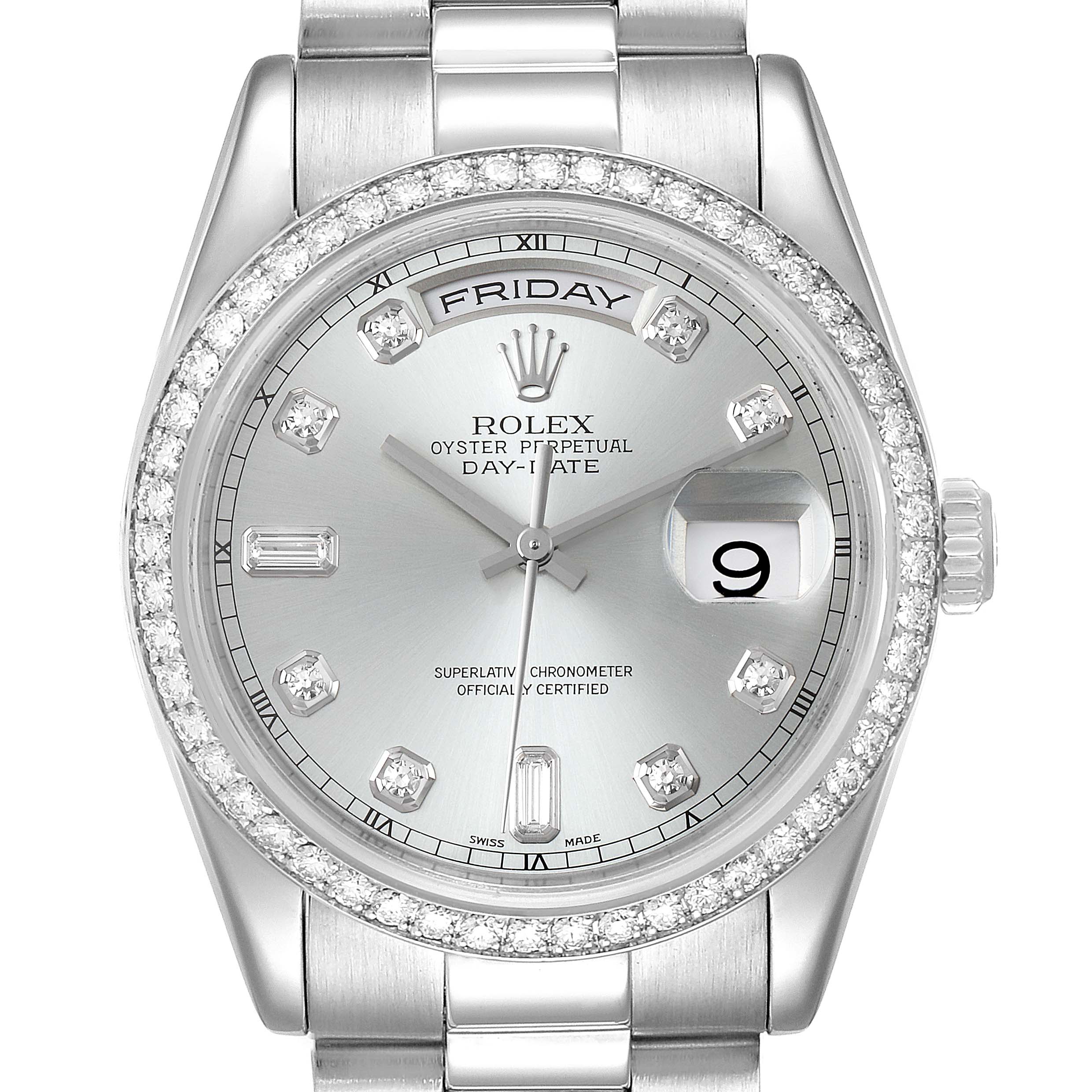 This image shows the front face of a Rolex President 118346 Men's Platinum Silver Dial 118346 Men's Platinum Silver Dial model watch, highlighting the day, date, and diamond bezel.