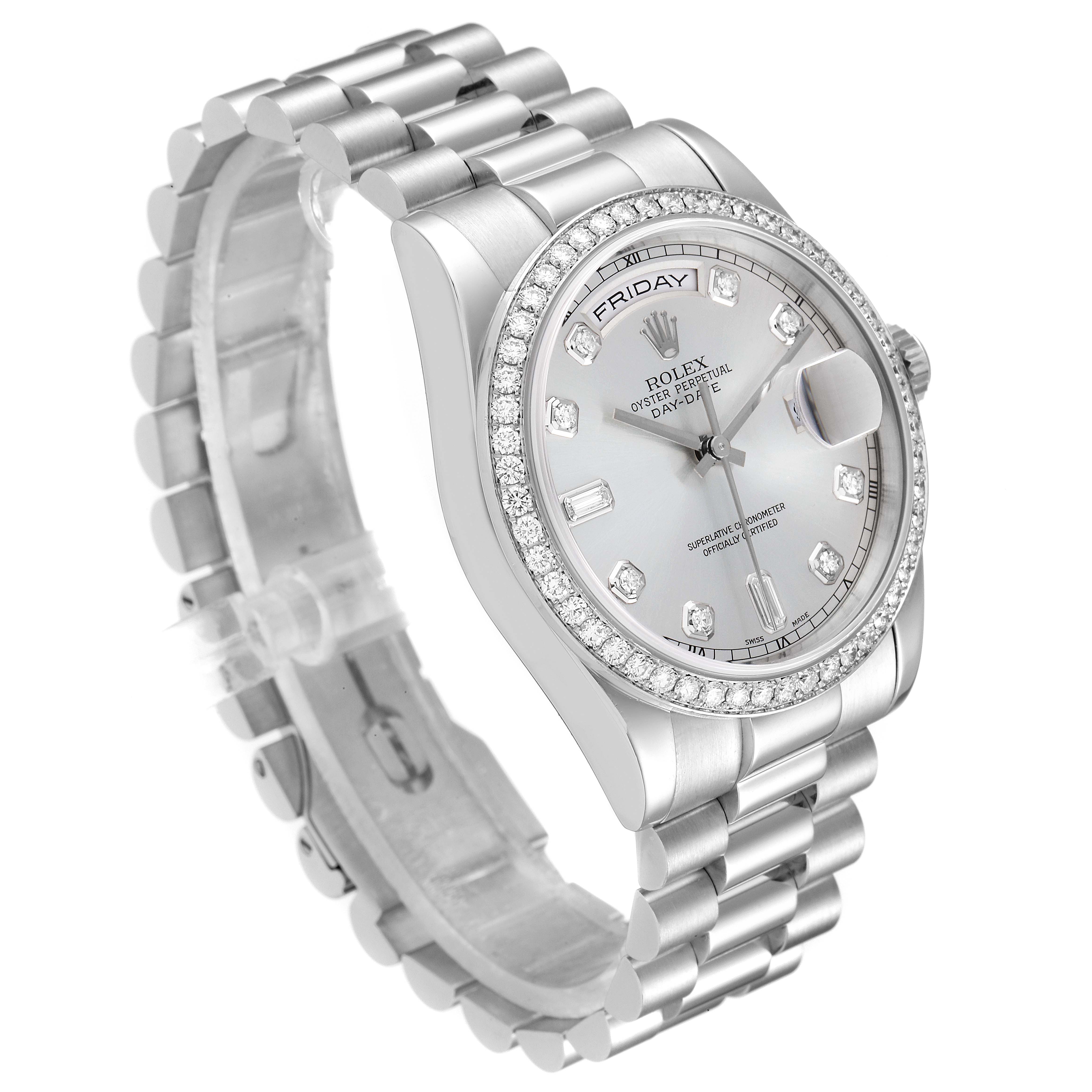 The Rolex President 118346 Men's Platinum Silver Dial 118346 Men's Platinum Silver Dial model watch is shown at an angle highlighting the bracelet, bezel, dial, and day-date function.