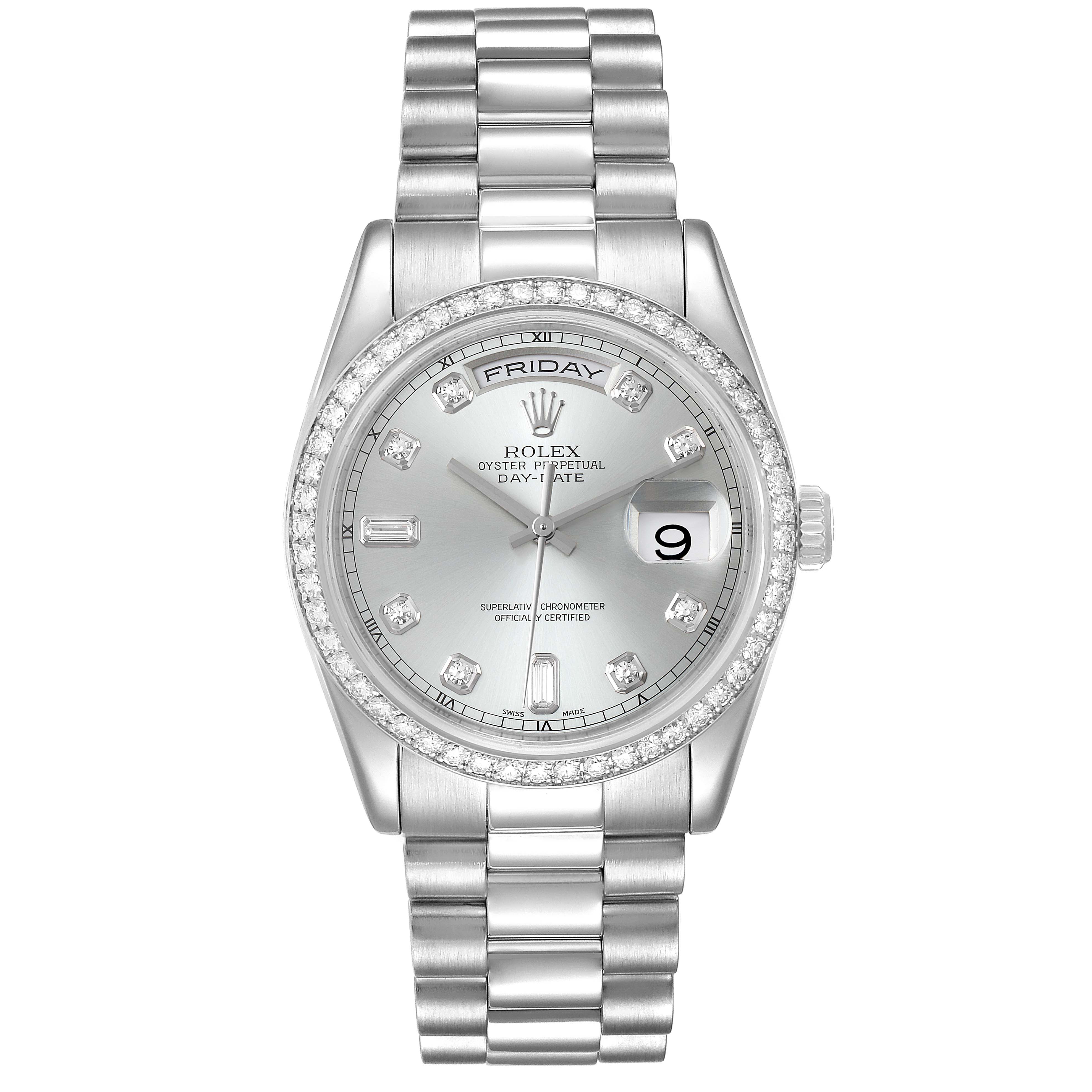 The image shows a front view of the Rolex President 118346 Men's Platinum Silver Dial 118346 Men's Platinum Silver Dial model watch, featuring its dial, bezel, and bracelet.
