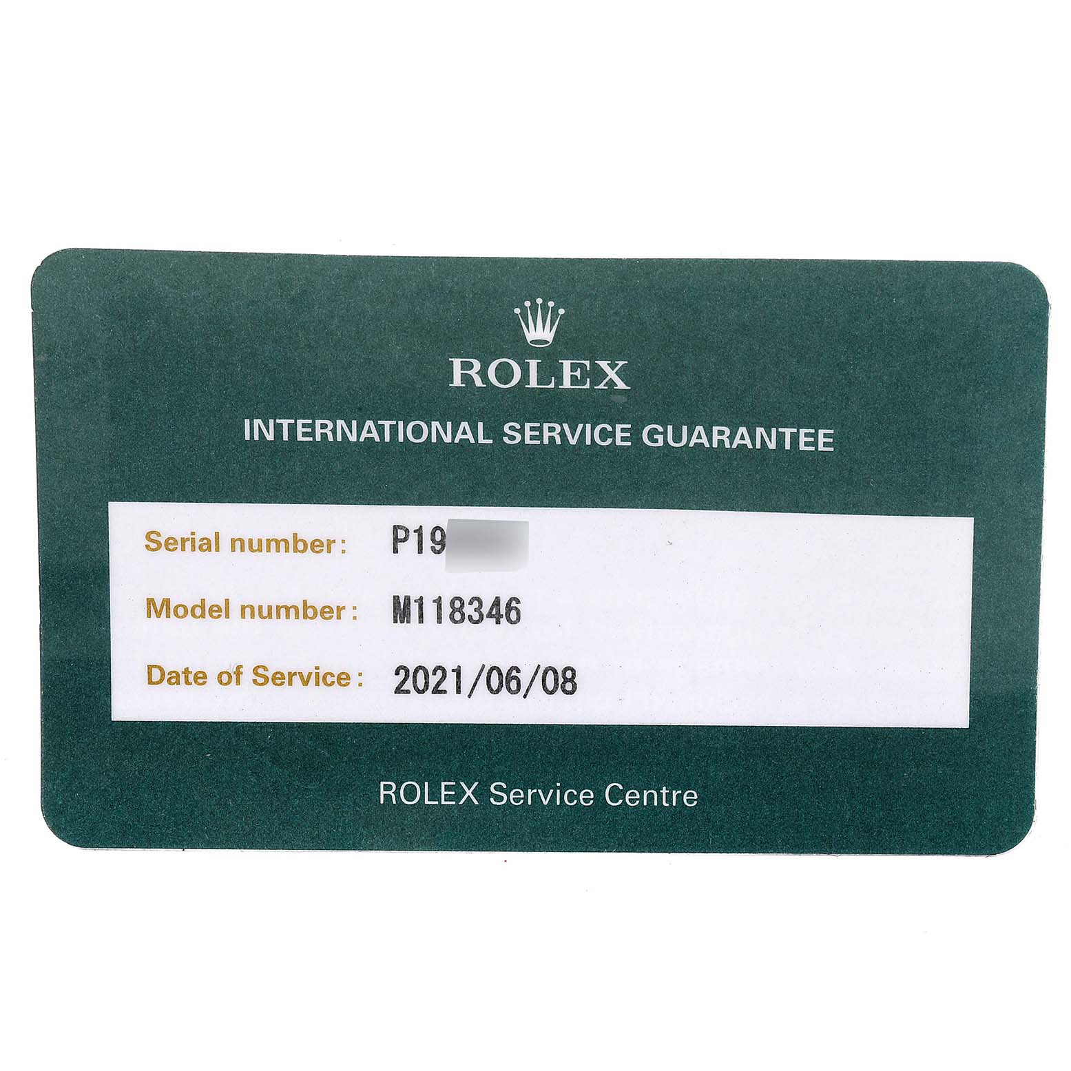This image shows an International Service Guarantee card for a Rolex President 118346 Men's Platinum Silver Dial 118346 Men's Platinum Silver Dial model watch, model number M118346.