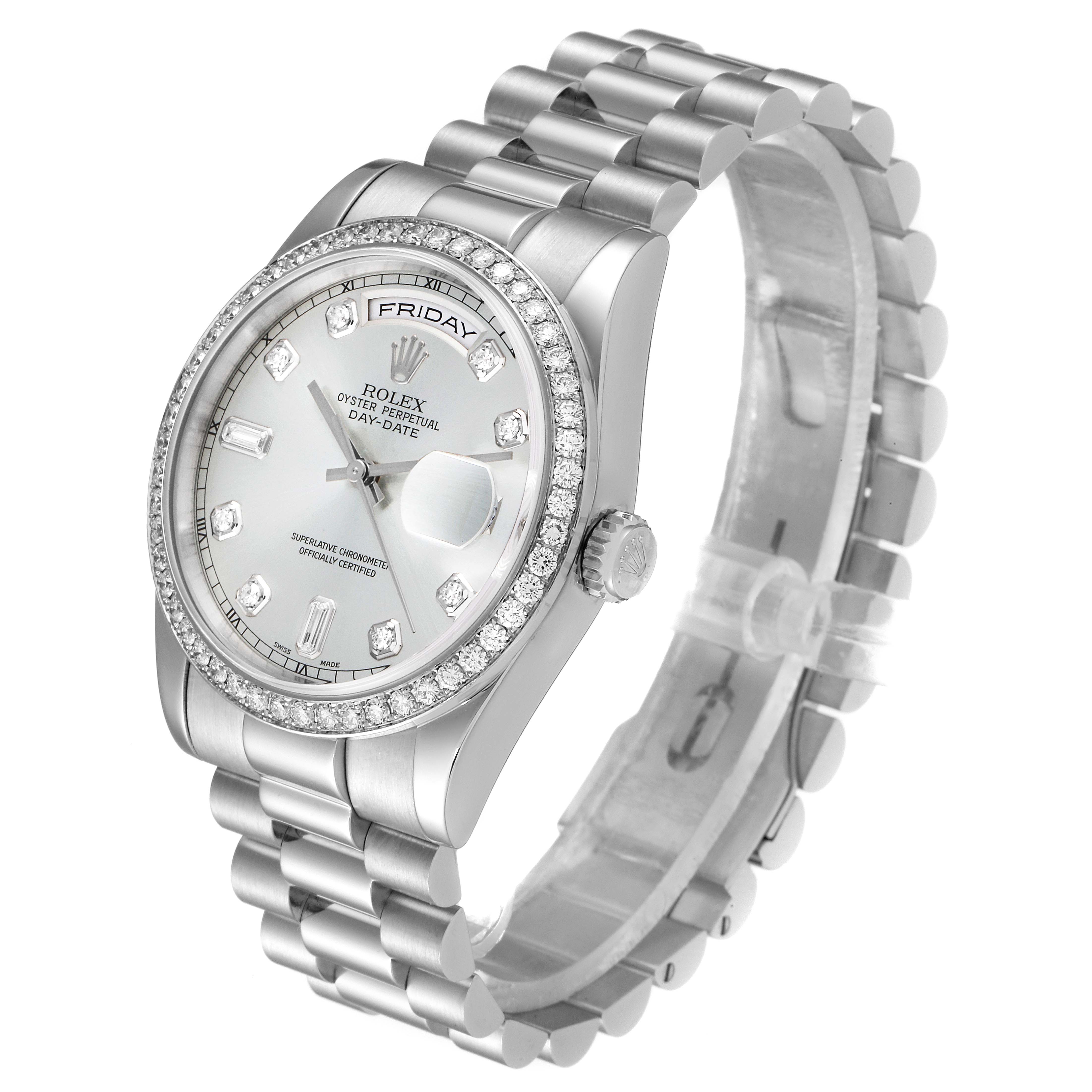 The Rolex President 118346 Men's Platinum Silver Dial 118346 Men's Platinum Silver Dial model watch is shown at a slight angle, displaying the face, dial, bezel, crown, and bracelet.