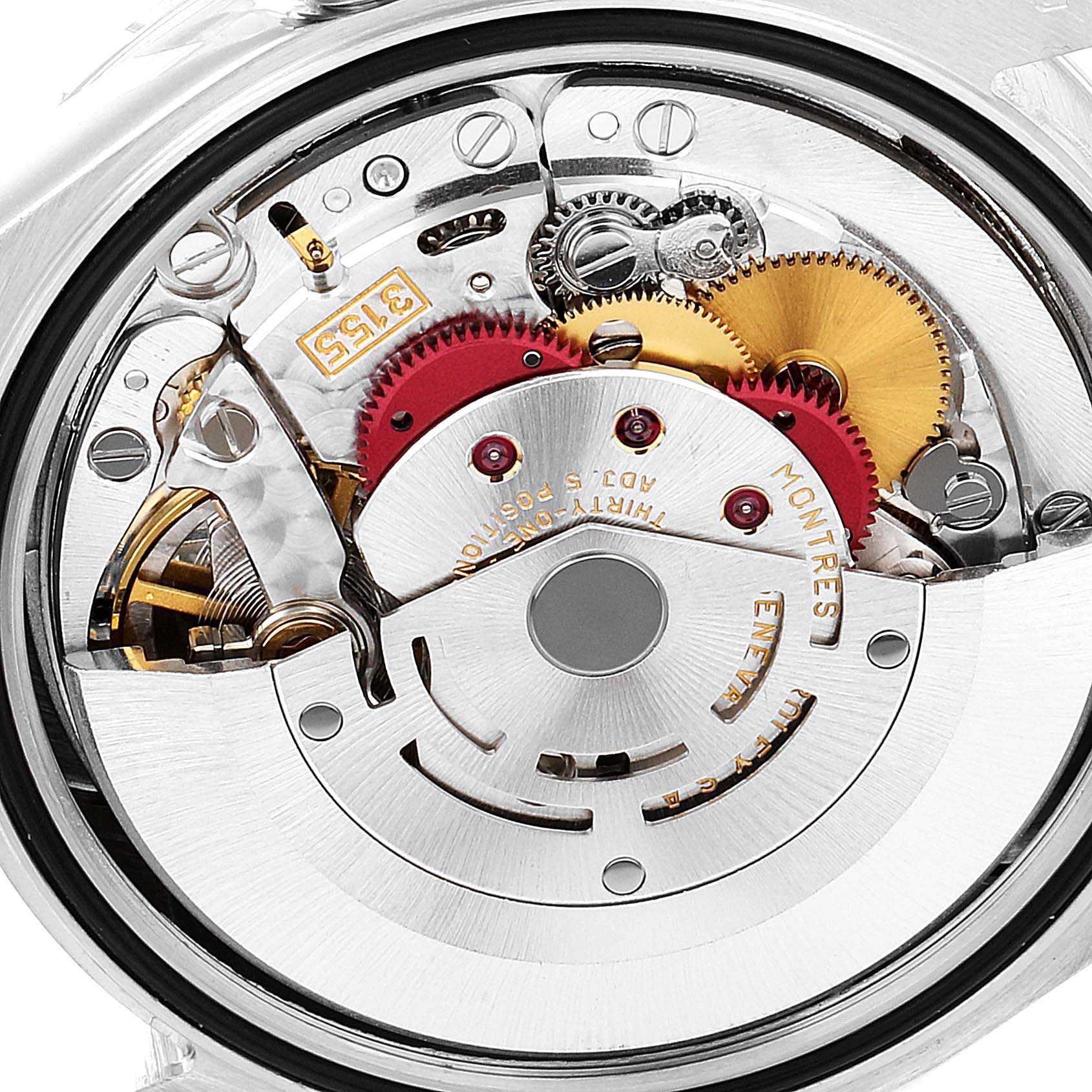 This image shows the internal mechanical movement of a Rolex President 118346 Men's Platinum Silver Dial 118346 Men's Platinum Silver Dial model watch, highlighting gears and intricate components.