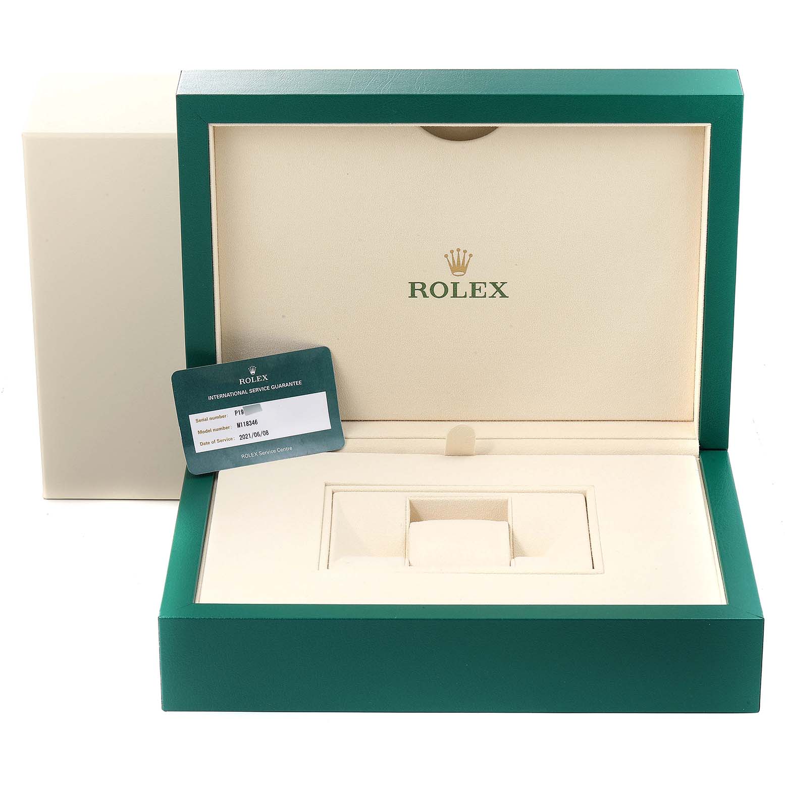 The image shows an open Rolex President 118346 Men's Platinum Silver Dial 118346 Men's Platinum Silver Dial watch box with a guarantee card.