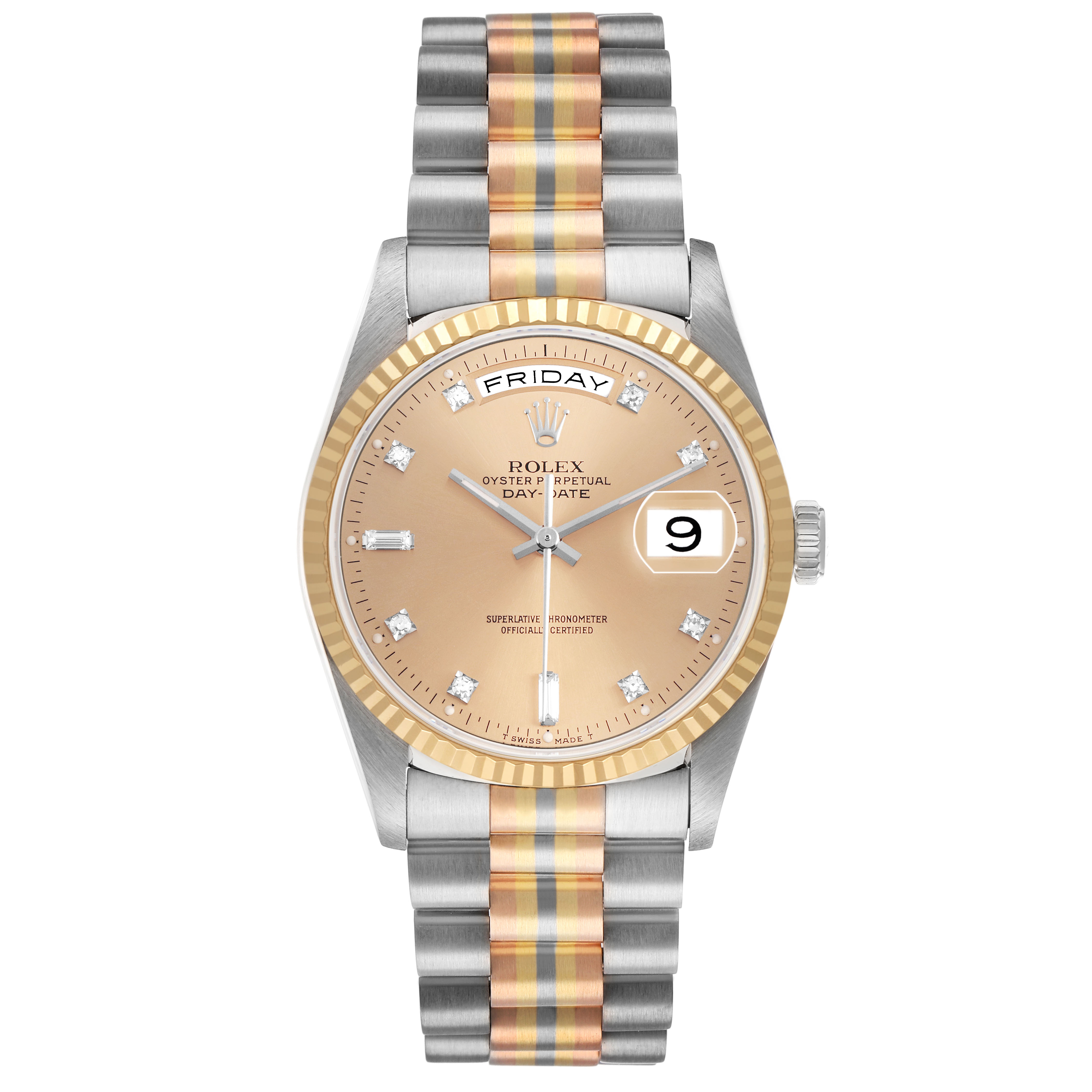 The Rolex President 18239B Men's White Gold Champagne Dial model is shown from a top-down angle, displaying the dial, bezel, and bracelet.