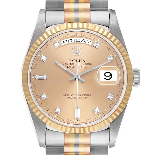 The Rolex President 18239B Men's White Gold Champagne Dial model watch is shown from the front, highlighting its dial, bezel, and part of the bracelet.