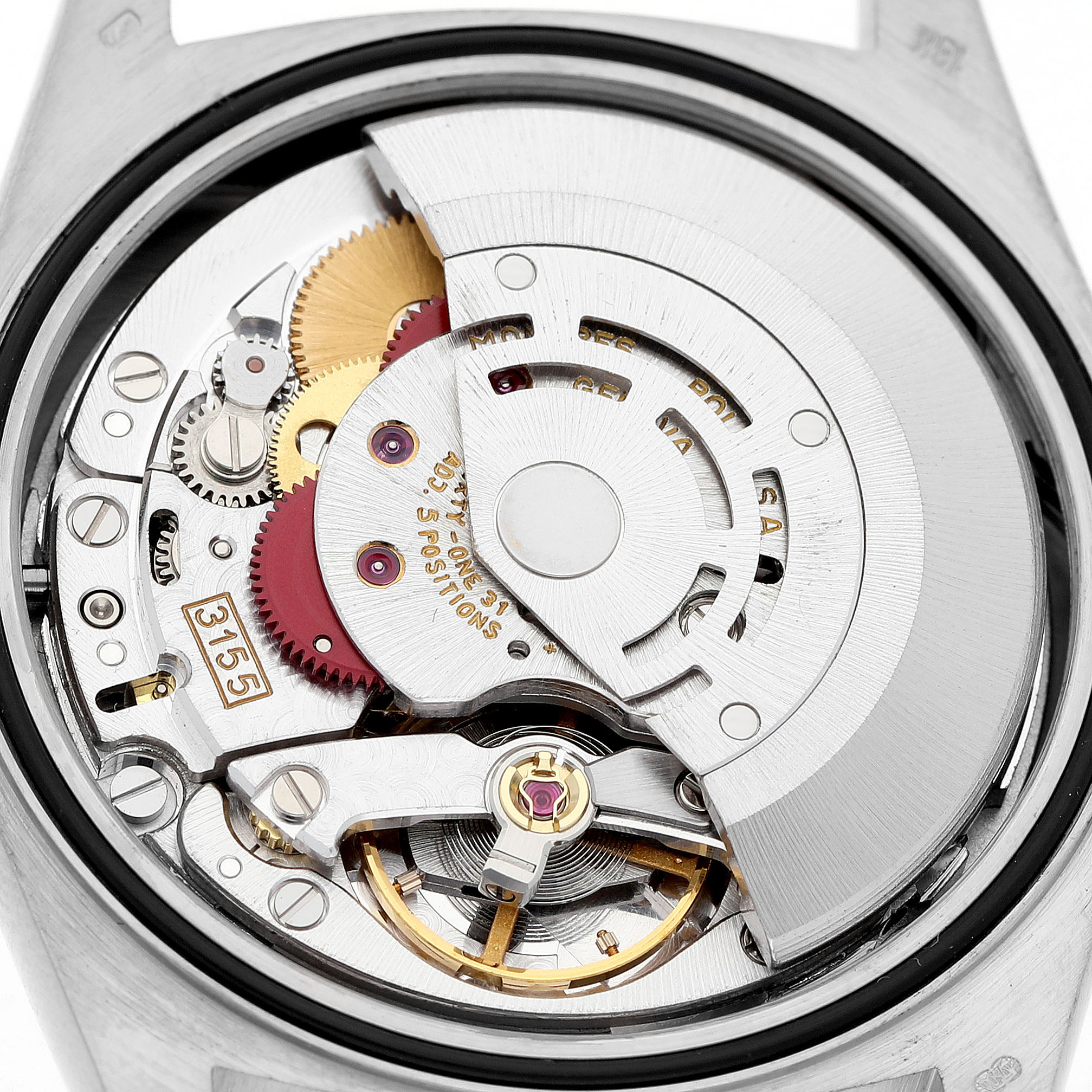 The image shows the internal mechanism of a Rolex President 18239B Men's White Gold Champagne Dial watch with visible gears and rotor from the back.