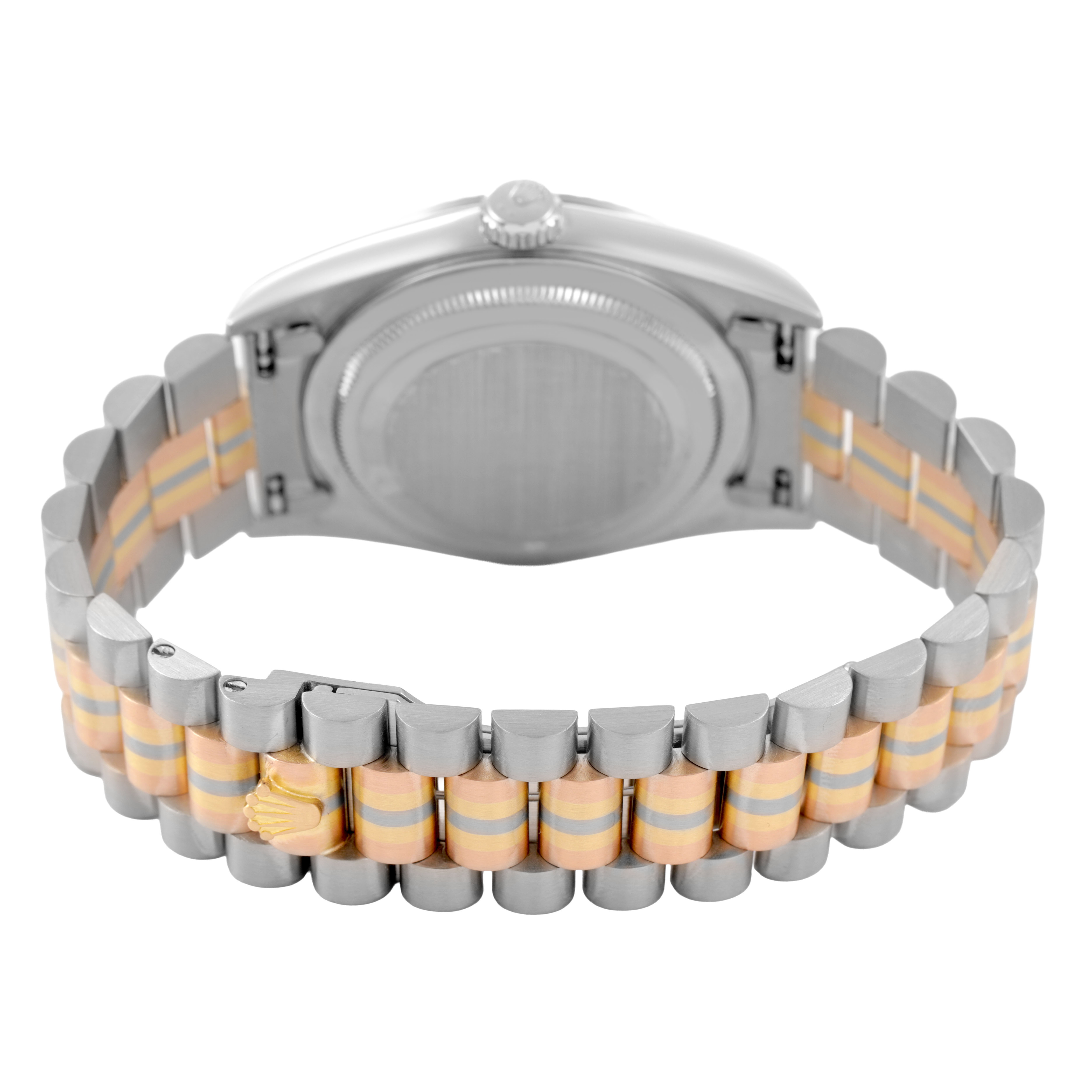 The image shows the back of a Rolex President 18239B Men's White Gold Champagne Dial model watch, focusing on the clasp and bracelet design.
