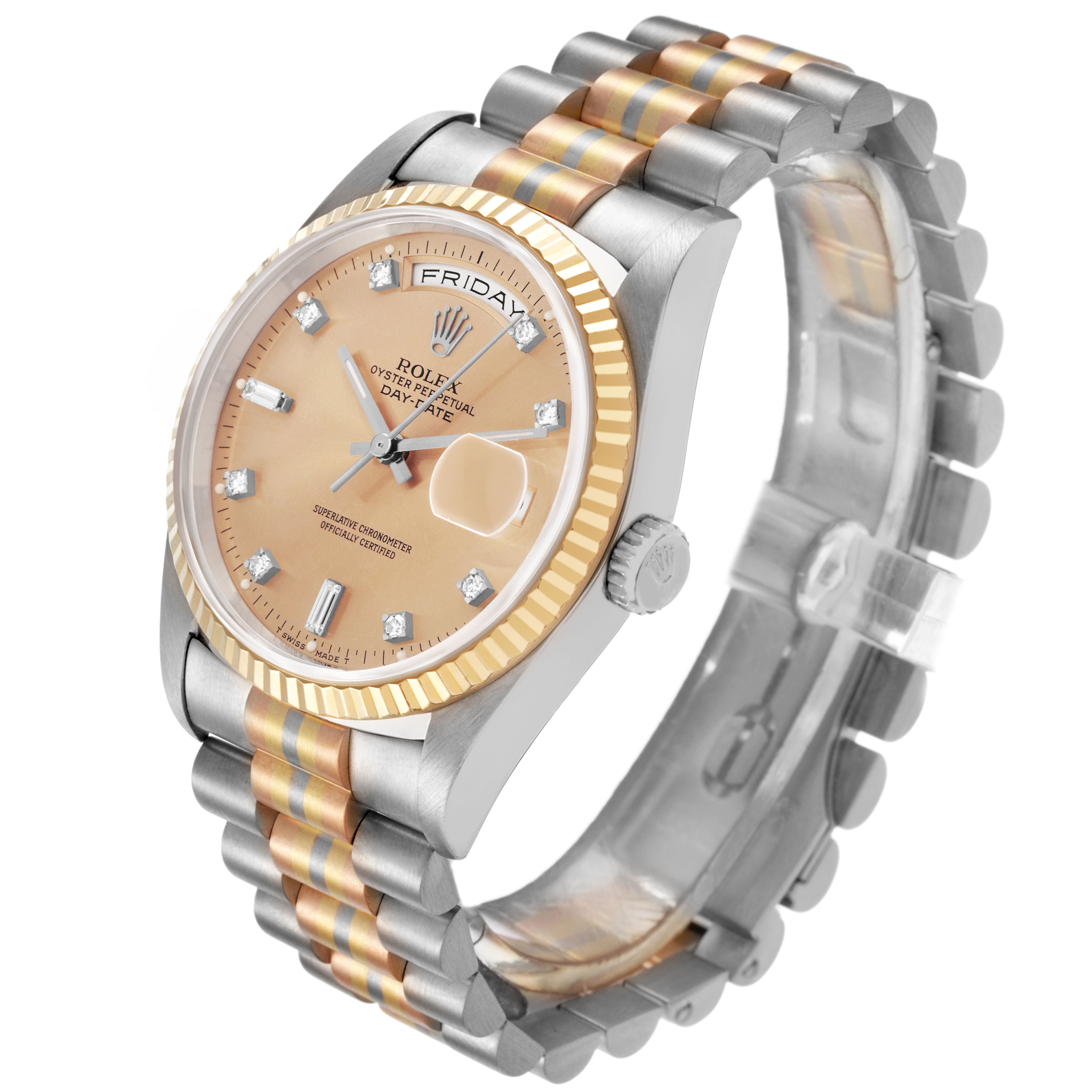 The Rolex President 18239B Men's White Gold Champagne Dial model watch is shown at a slight angle, displaying the face, bezel, and bracelet clearly.