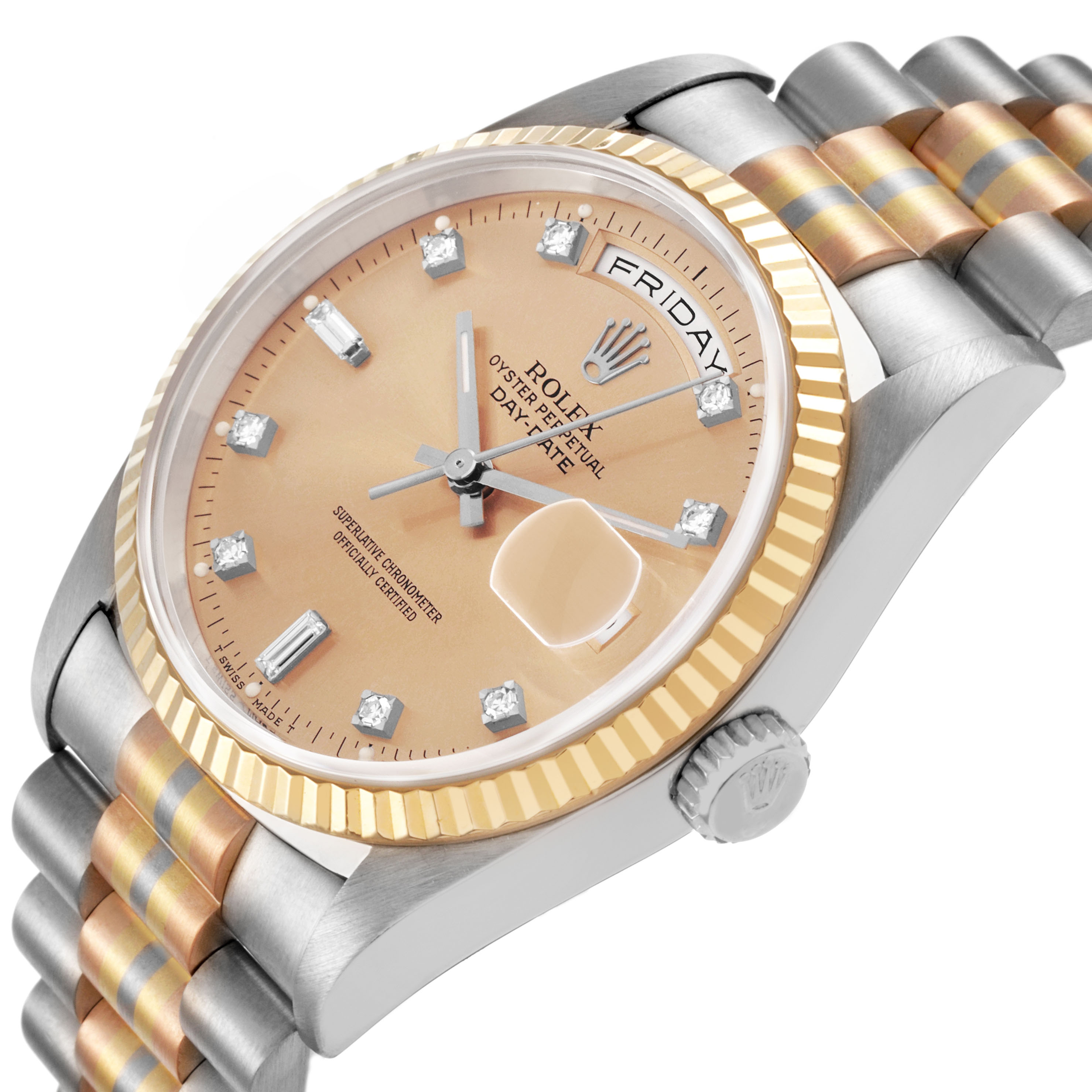 The image shows a Rolex President 18239B Men's White Gold Champagne Dial watch at an angled side view, highlighting the dial, fluted bezel, bracelet, and crown.