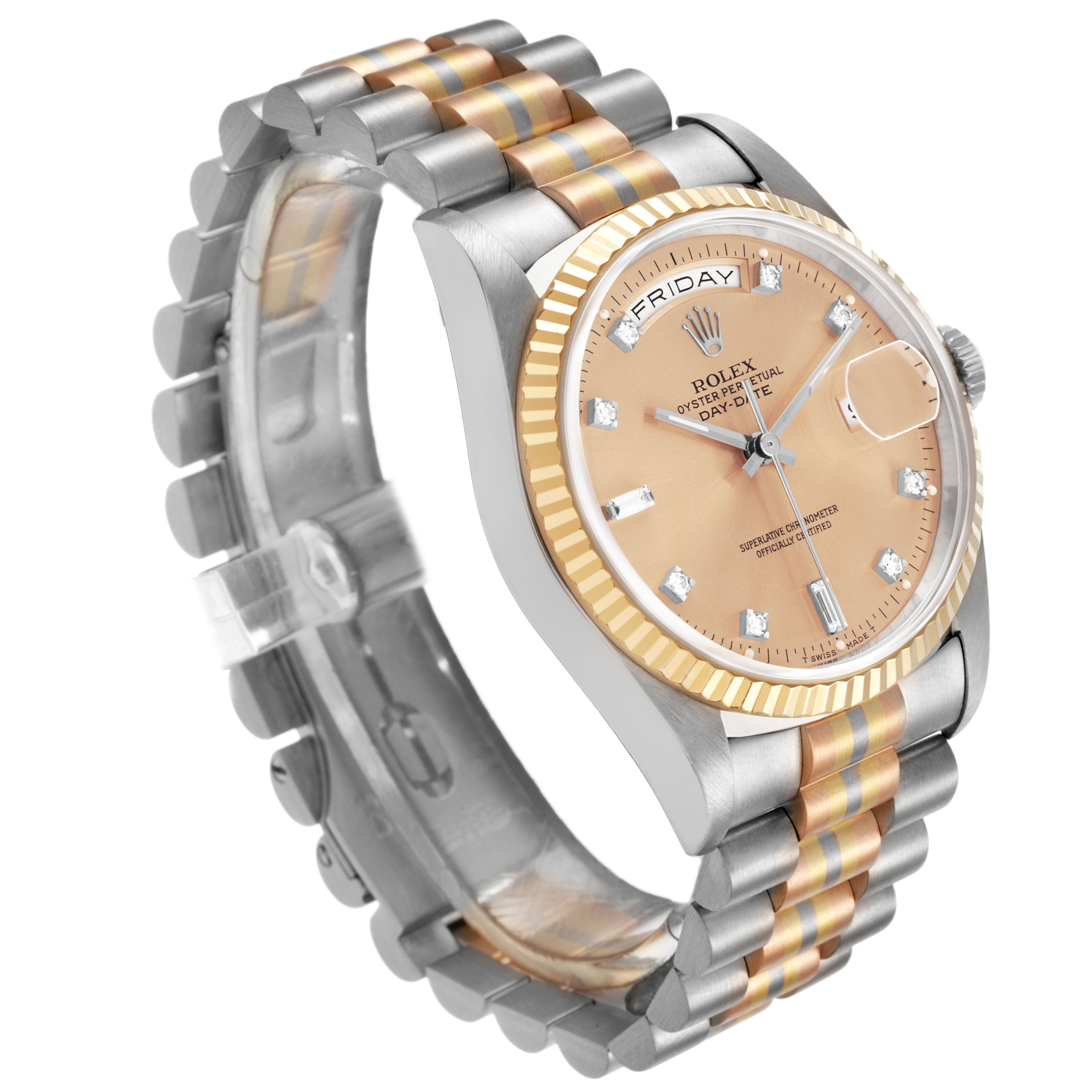The Rolex President 18239B Men's White Gold Champagne Dial model is shown from a three-quarter angle, highlighting the bracelet, fluted bezel, and face.